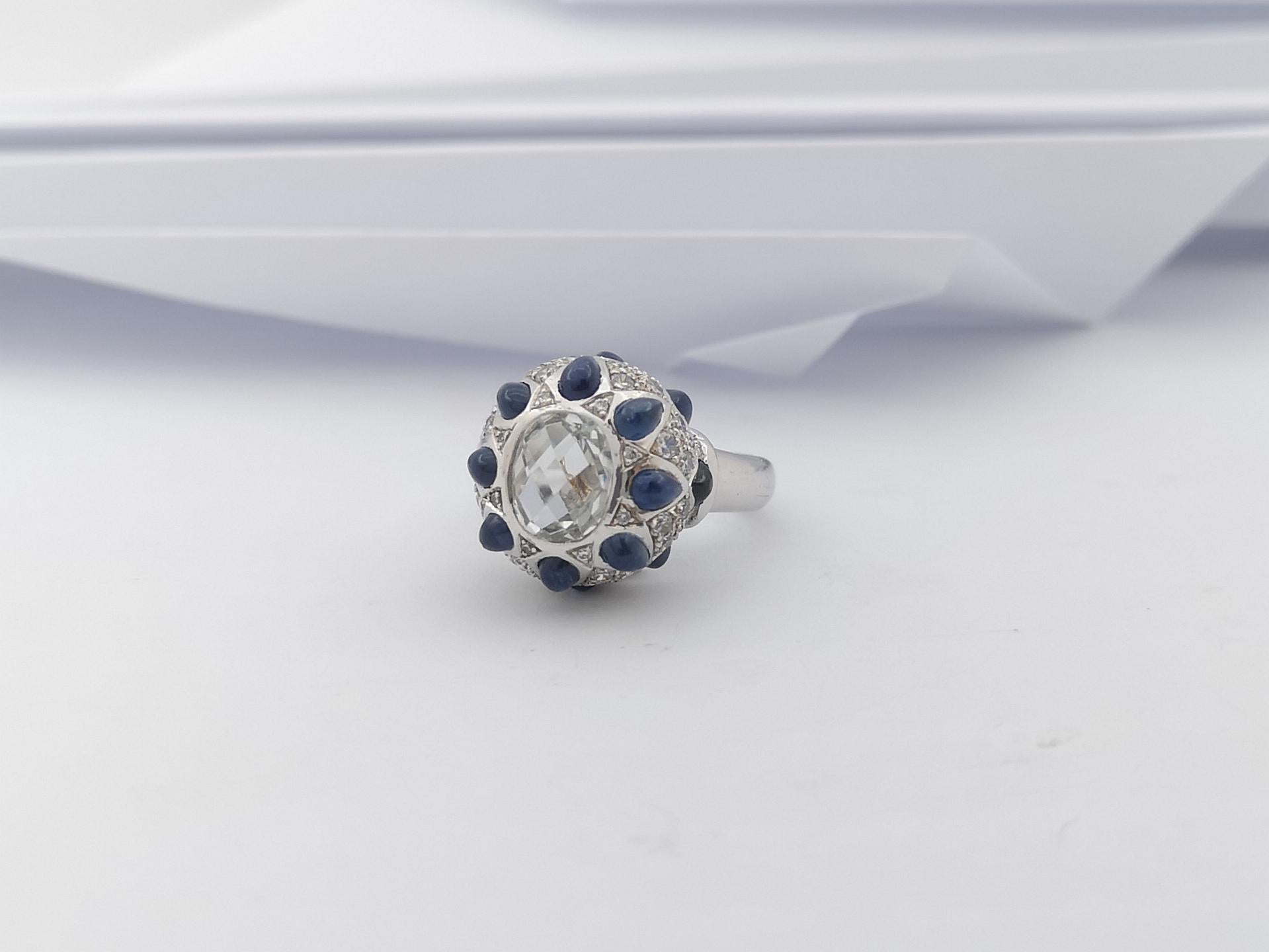 Women's White Topaz, Cabochon Blue Sapphire with Cubic Zirconia Ring in Silver Settings For Sale