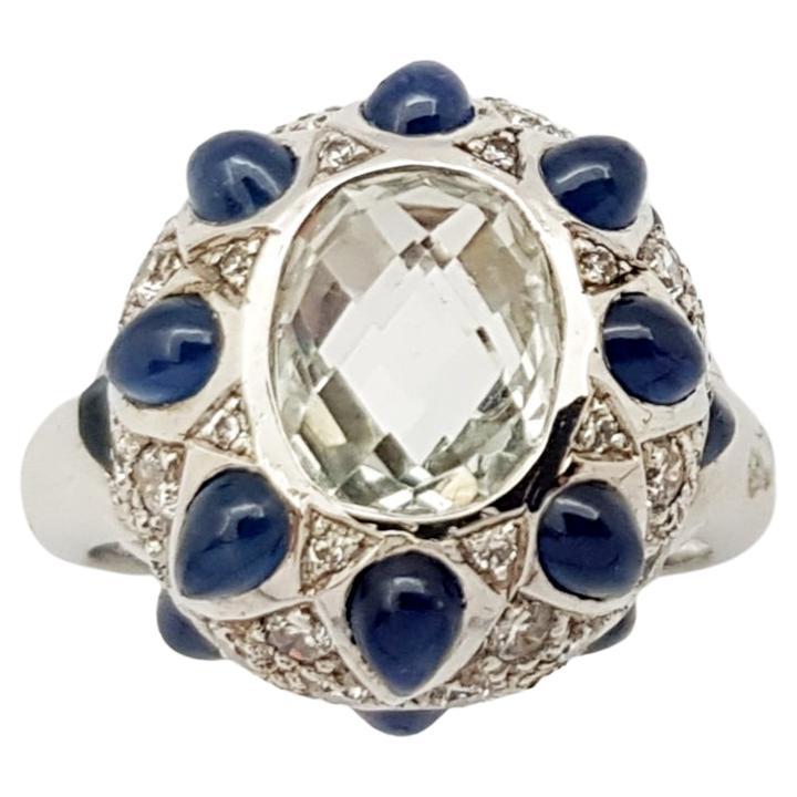 White Topaz, Cabochon Blue Sapphire with Cubic Zirconia Ring in Silver Settings For Sale