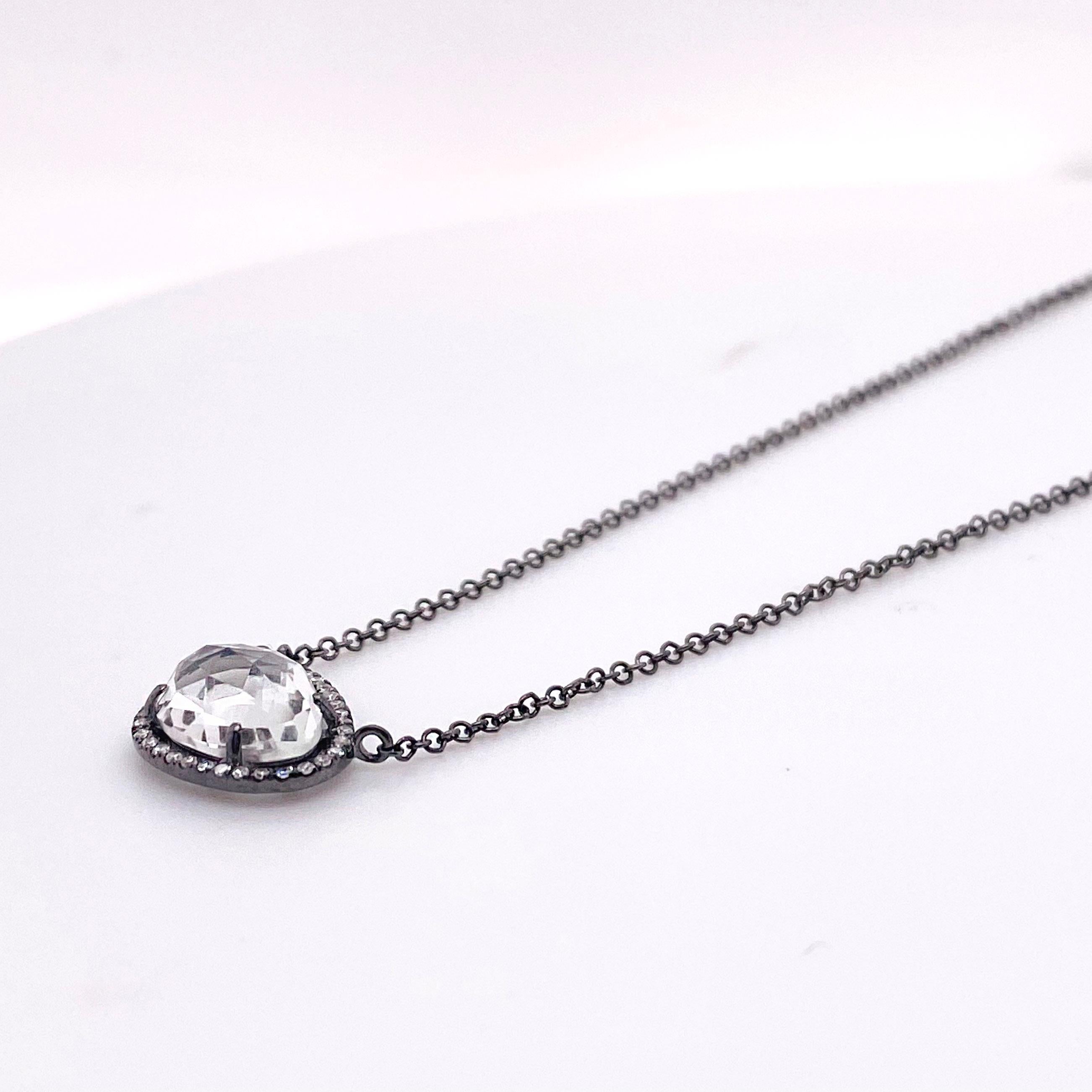 Modern White Topaz Diamond Halo Necklace, Black Finish, Drop Pendant, Organic Shape