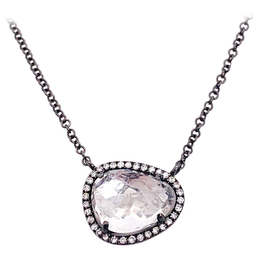 White Topaz Diamond Halo Necklace, Black Finish, Drop Pendant, Organic Shape