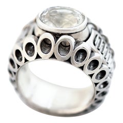 White Topaz Gemstone on Sterling Silver Handmade Big Chunky Wide Dome Ring