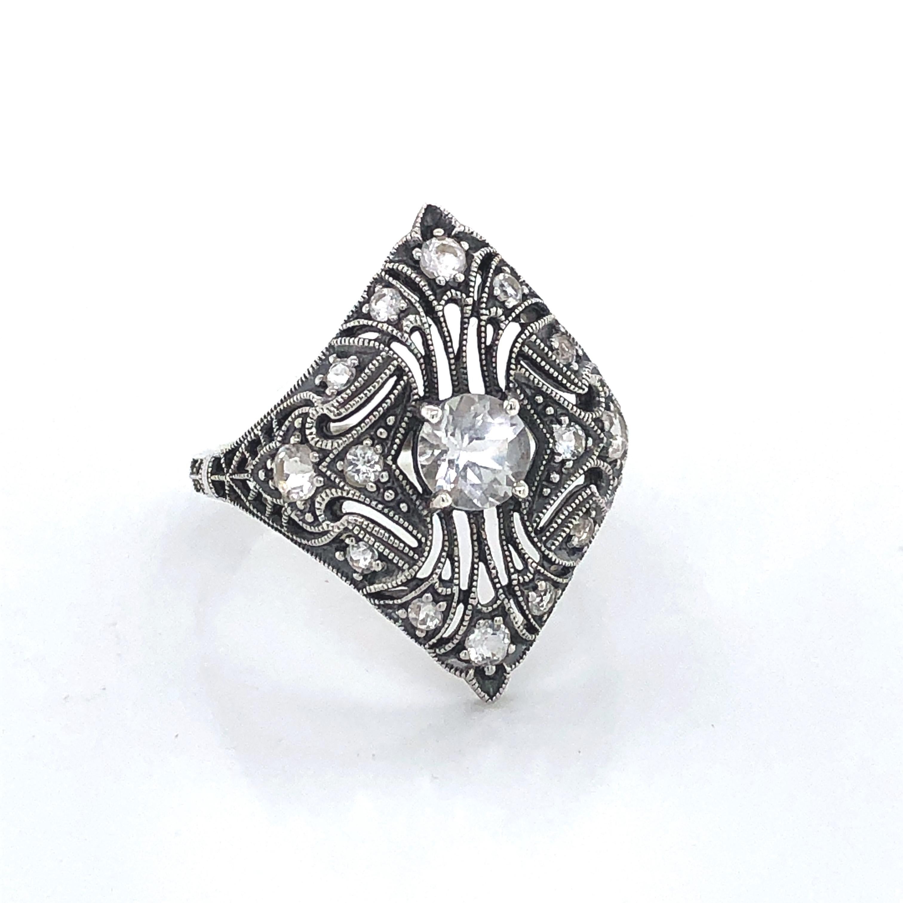 Round Cut White Topaz Marquise Art Deco Style Sterling Silver Filigree Ring w Box For Sale