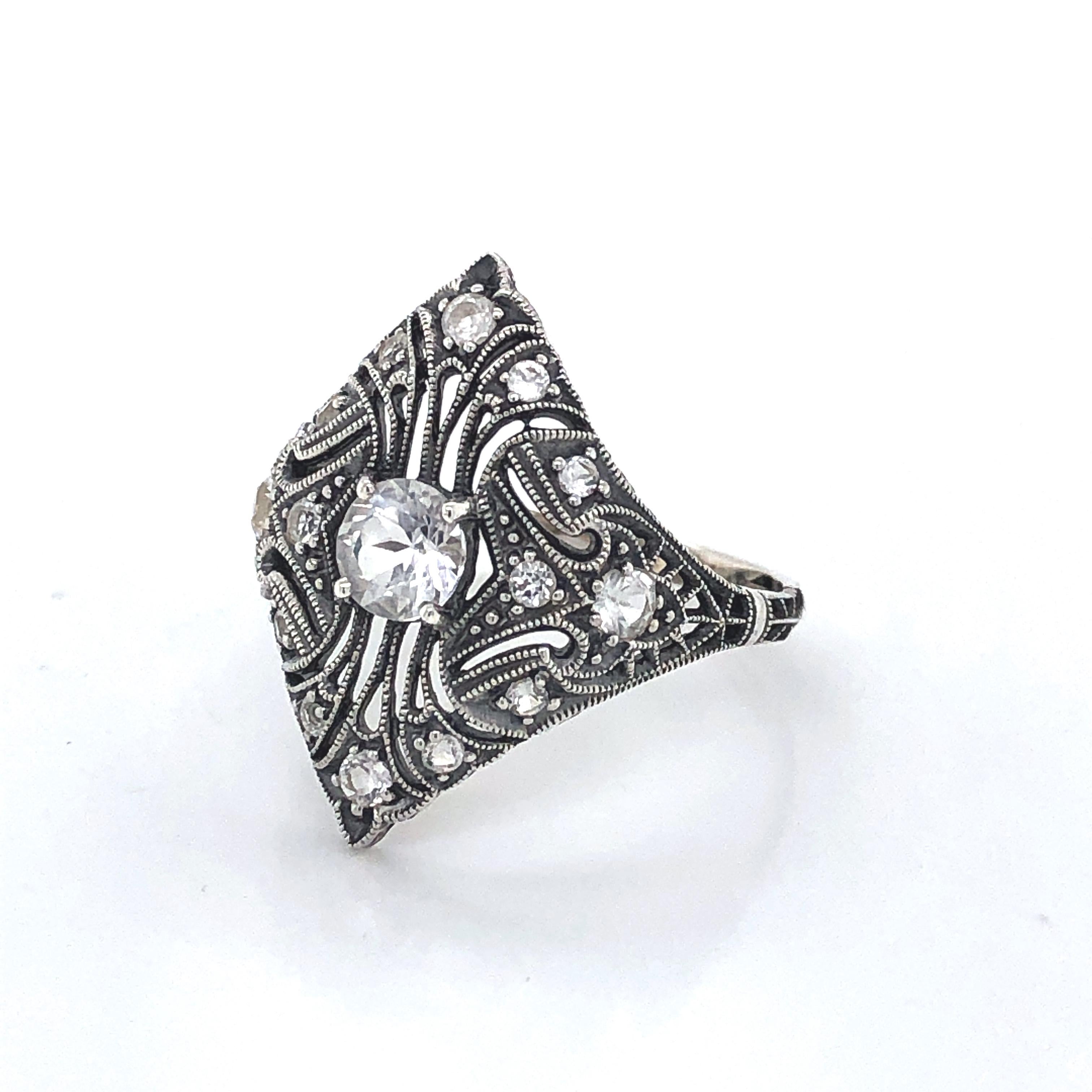 White Topaz Marquise Art Deco Style Sterling Silver Filigree Ring w Box In New Condition For Sale In Mount Kisco, NY