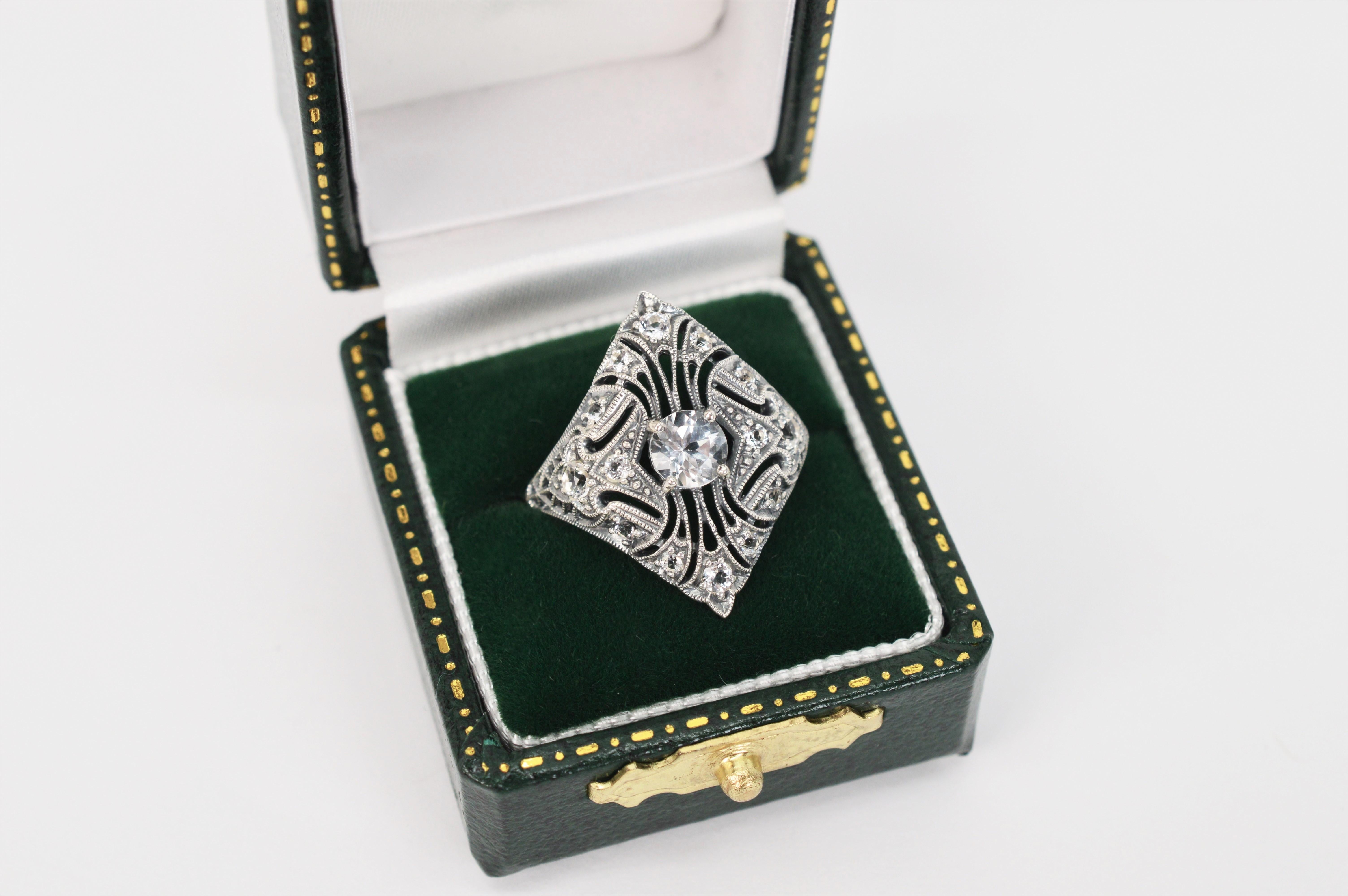 White Topaz Marquise Art Deco Style Sterling Silver Filigree Ring w Box For Sale 1