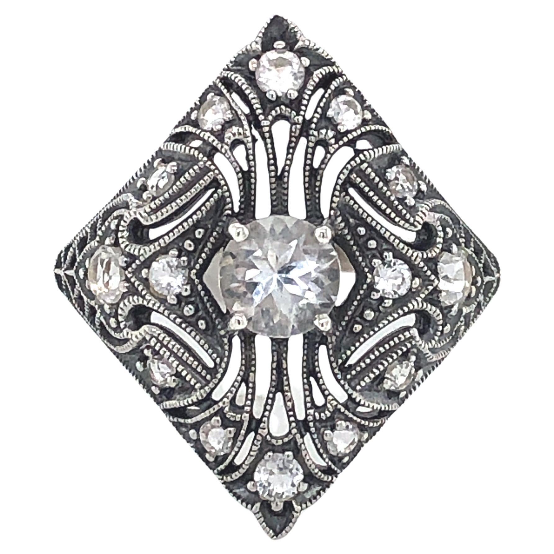 White Topaz Marquise Art Deco Style Sterling Silver Filigree Ring w Box