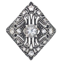 White Topaz Marquise Art Deco Style Sterling Silver Filigree Ring w Box