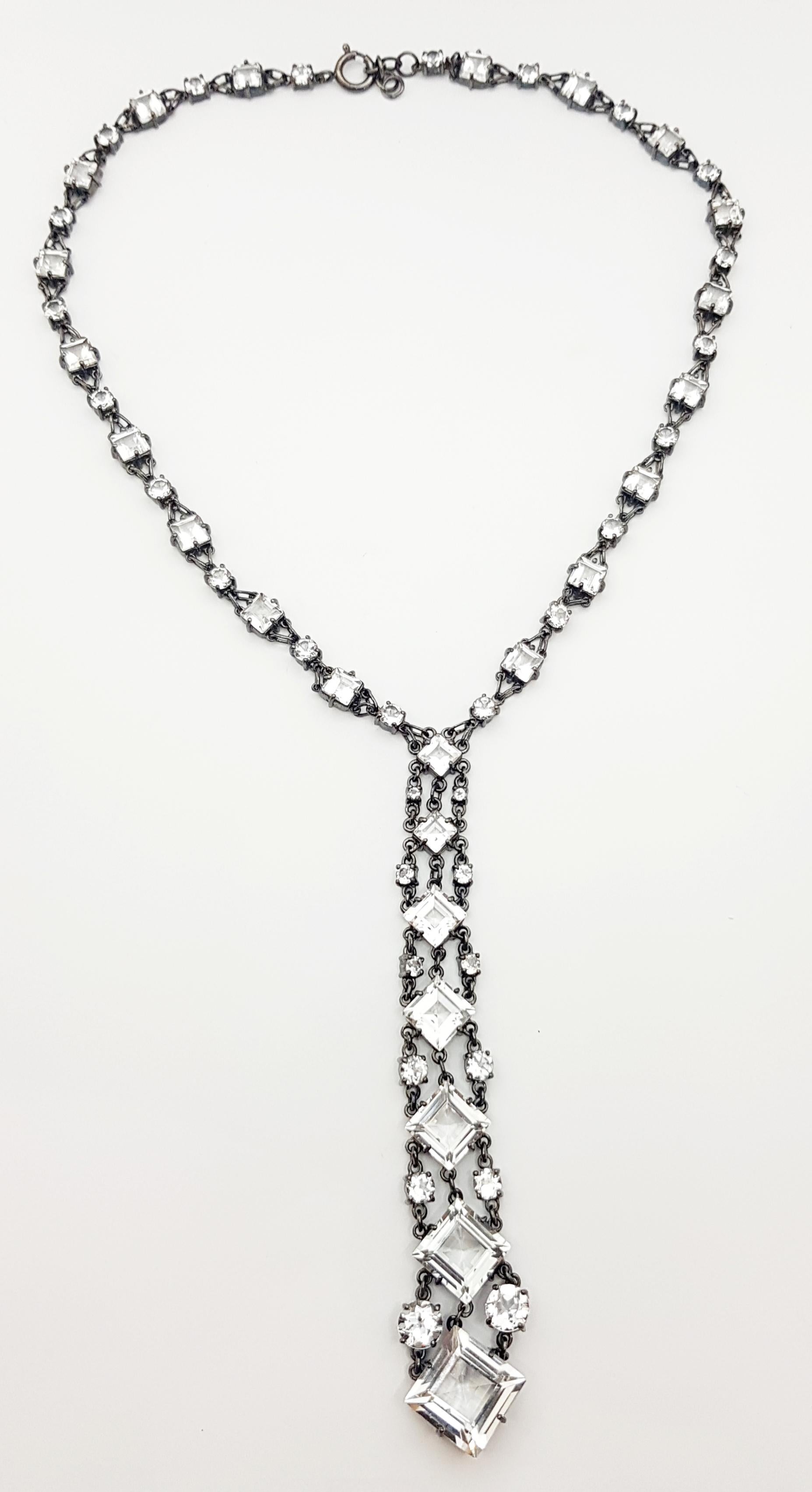 Square Cut White Topaz Necklace set in Silver Settings For Sale
