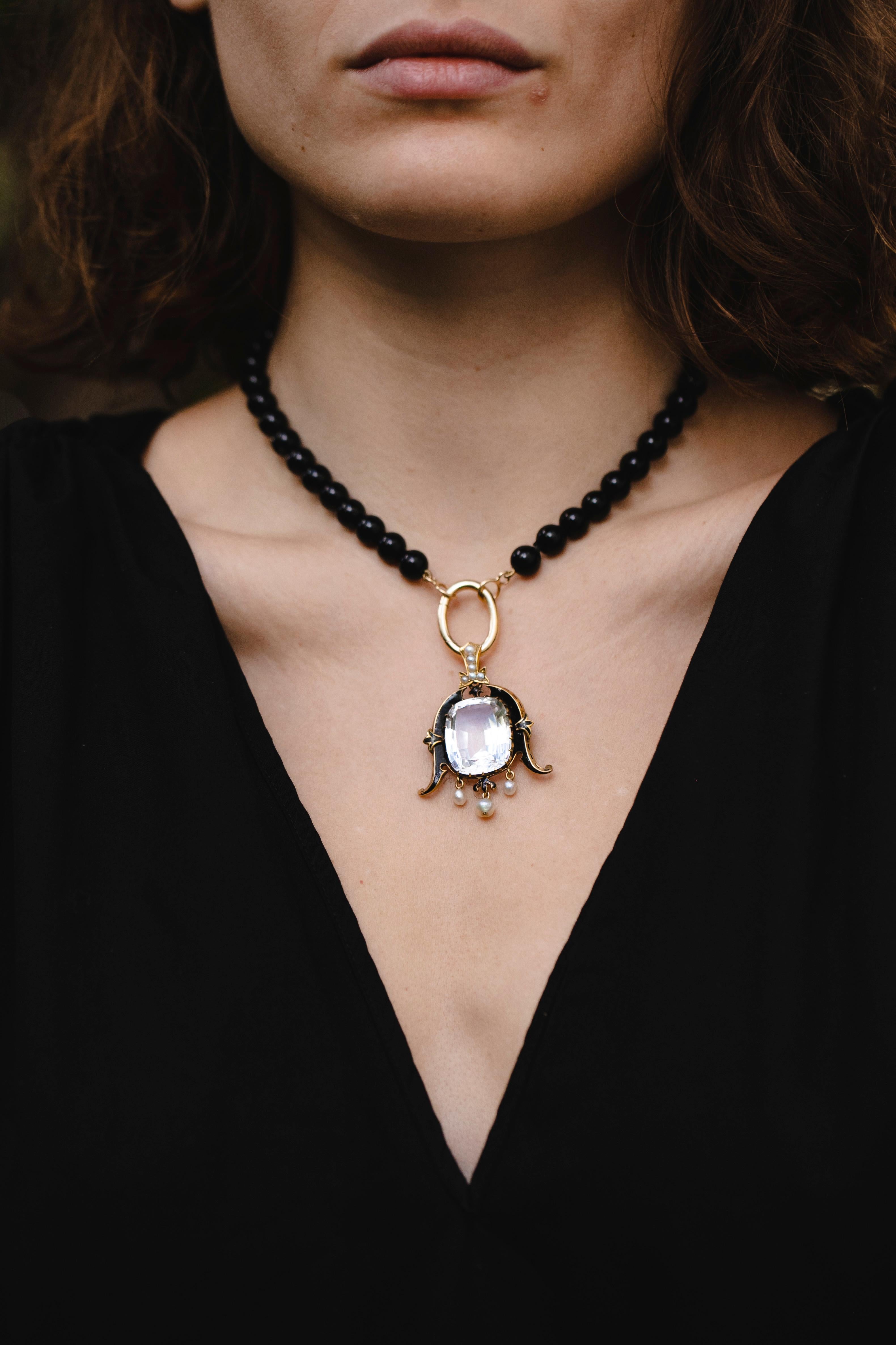 Bead White Topaz Pearl Enamel Yellow Gold Pendant, 1890 For Sale
