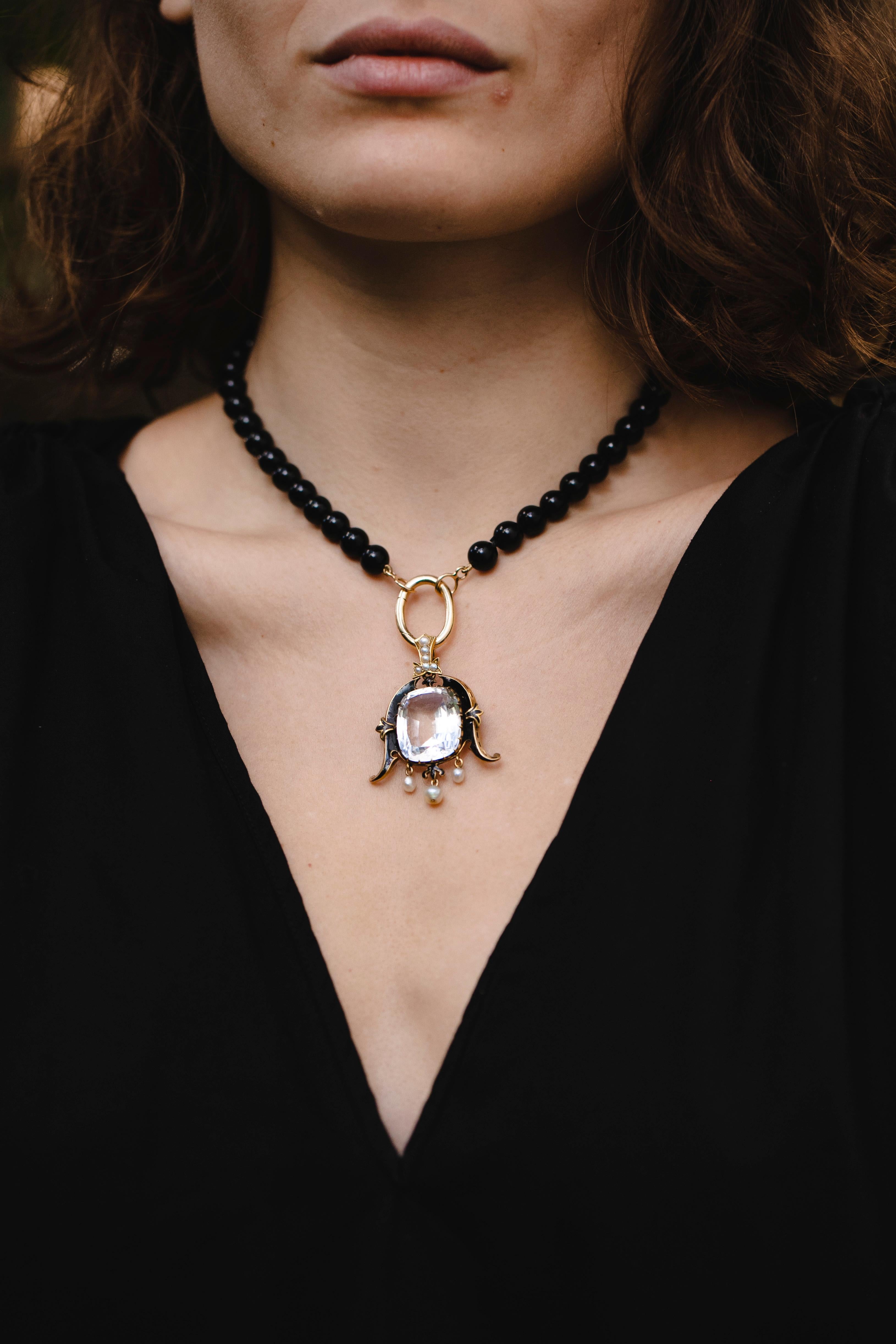 Women's or Men's White Topaz Pearl Enamel Yellow Gold Pendant, 1890 For Sale