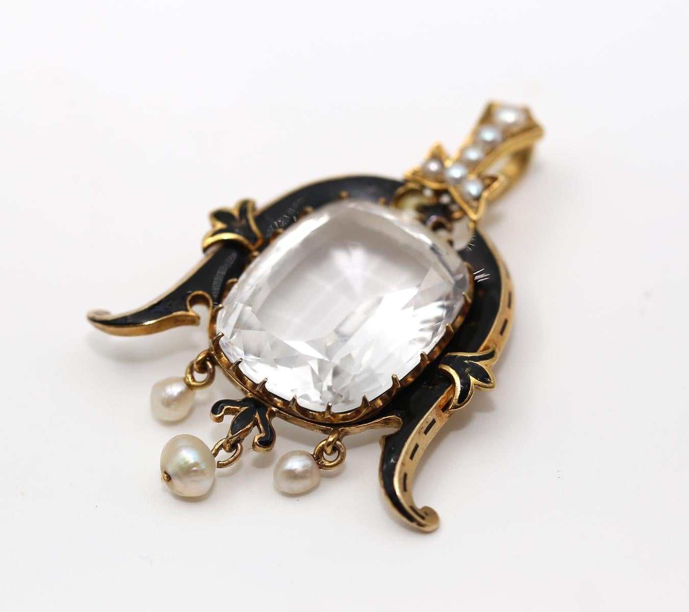 White Topaz Pendant Pearl Enamel Yellow Gold, 1890 For Sale 6
