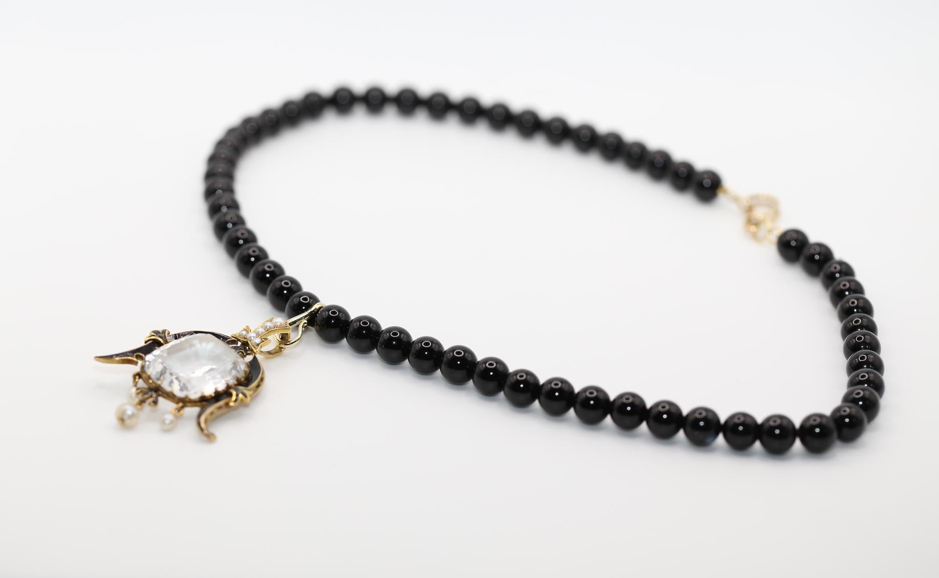 Pendentif Topaze blanche Perle émaillée Or jaune, 1890 en vente 11