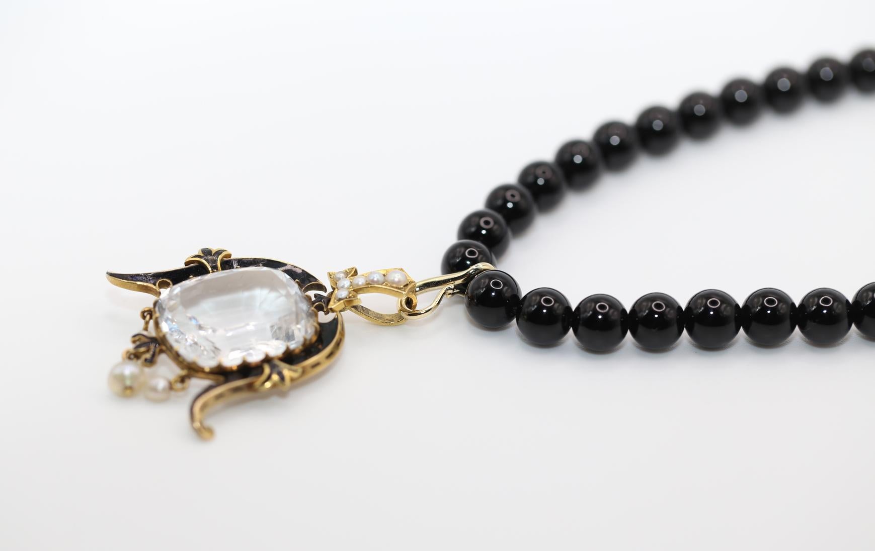 Pendentif Topaze blanche Perle émaillée Or jaune, 1890 en vente 12