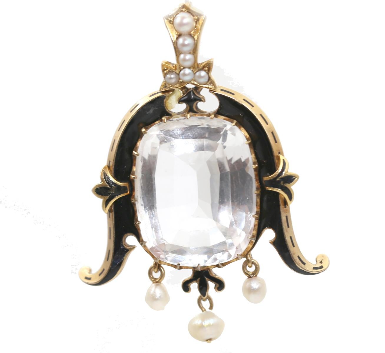 White Topaz Pendant Pearl Enamel Yellow Gold, 1890 For Sale 1