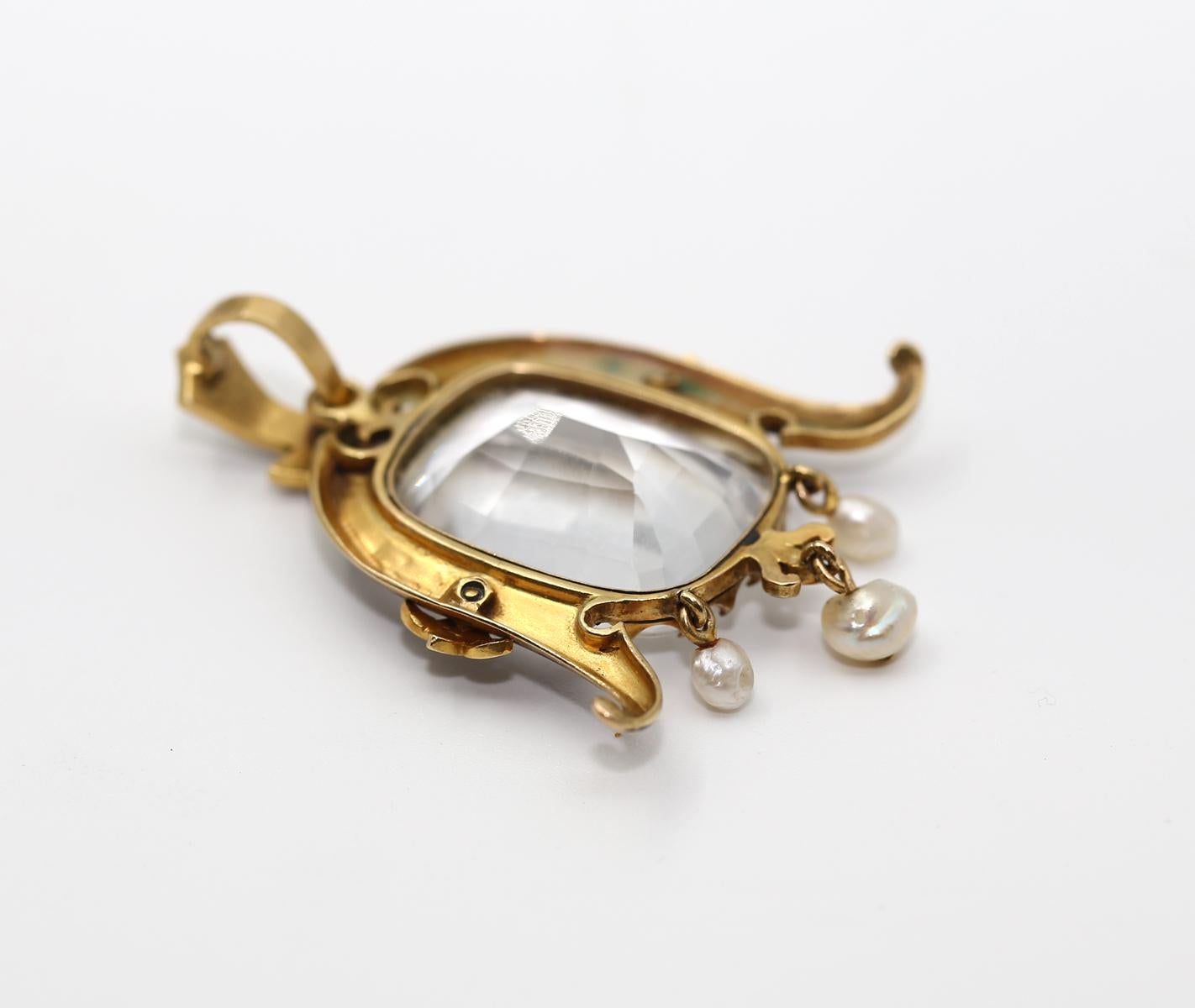 White Topaz Pendant Pearl Enamel Yellow Gold, 1890 For Sale 3