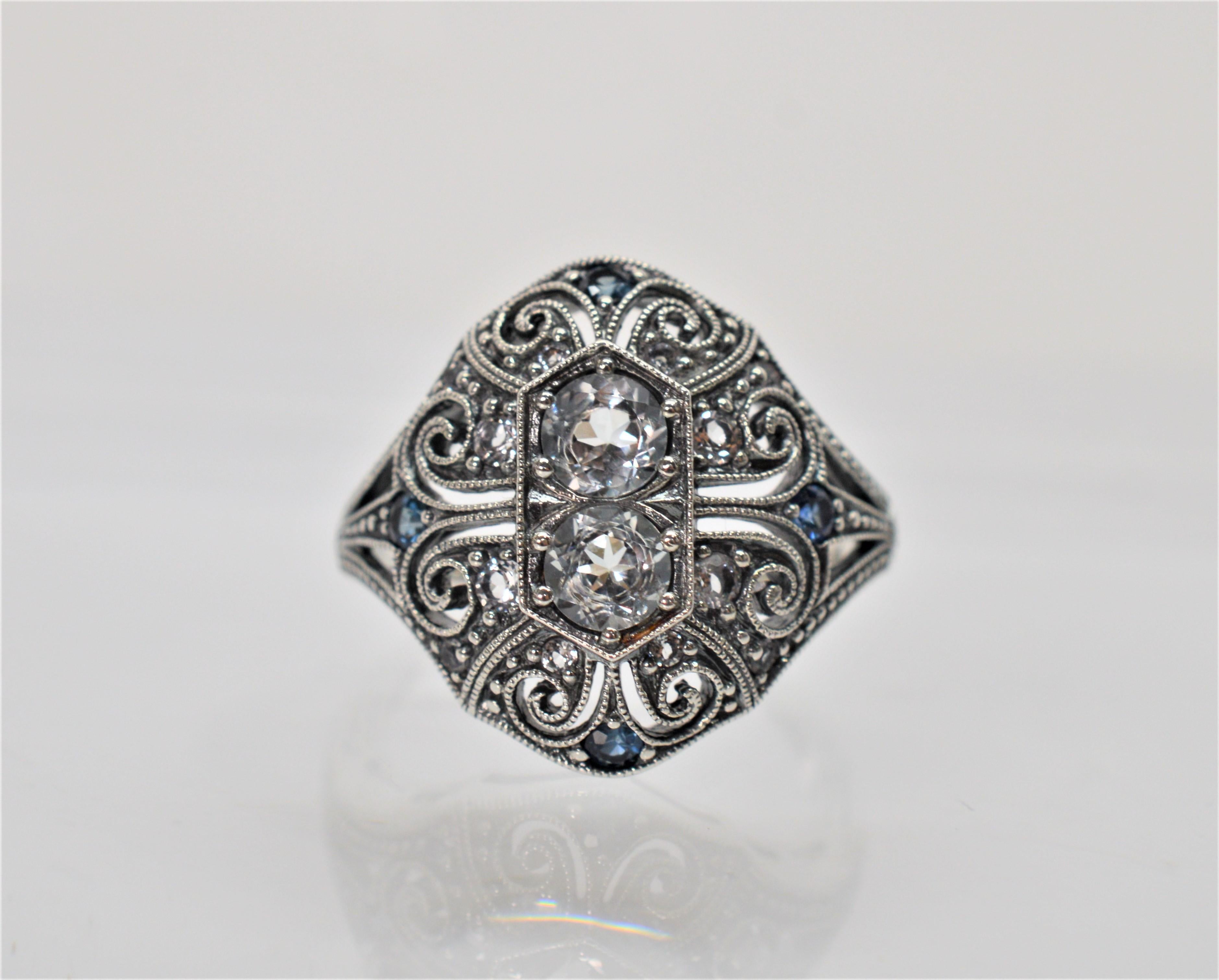 White Topaz W Sapphire Sterling Silver Art Deco Style Ring W Mini Vintage Box  In New Condition For Sale In Mount Kisco, NY