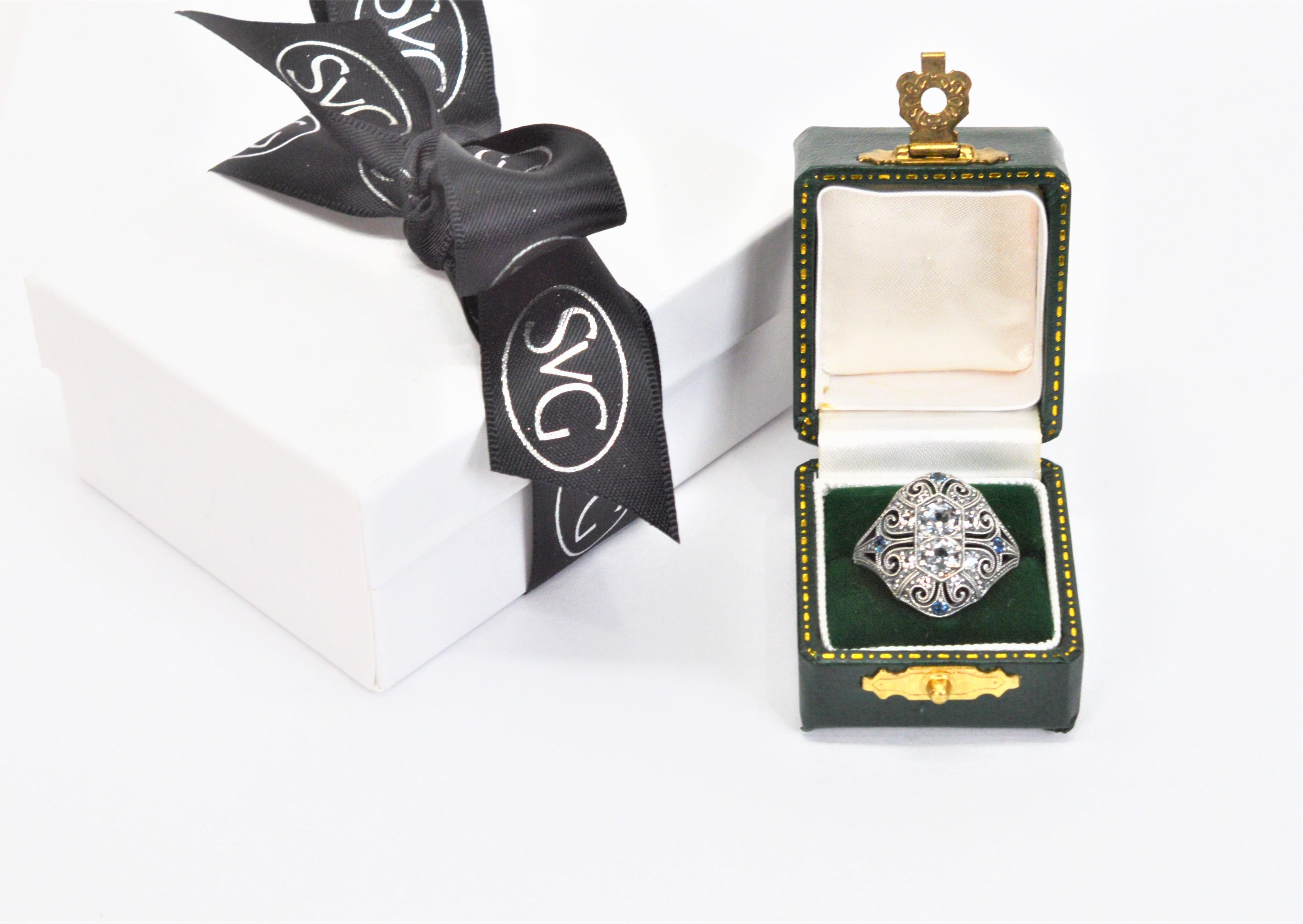 White Topaz W Sapphire Sterling Silver Art Deco Style Ring W Mini Vintage Box  For Sale 4