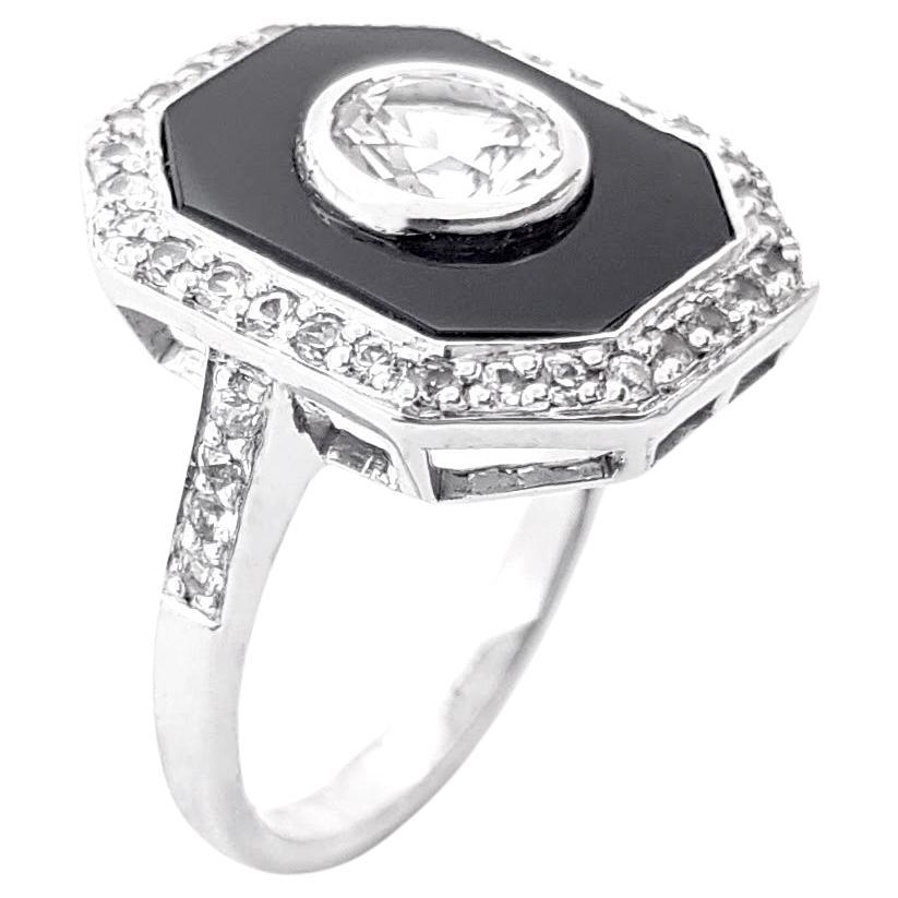 White Topaz, White Sapphire and Black Agate Ring set in 18K White Gold Settings For Sale