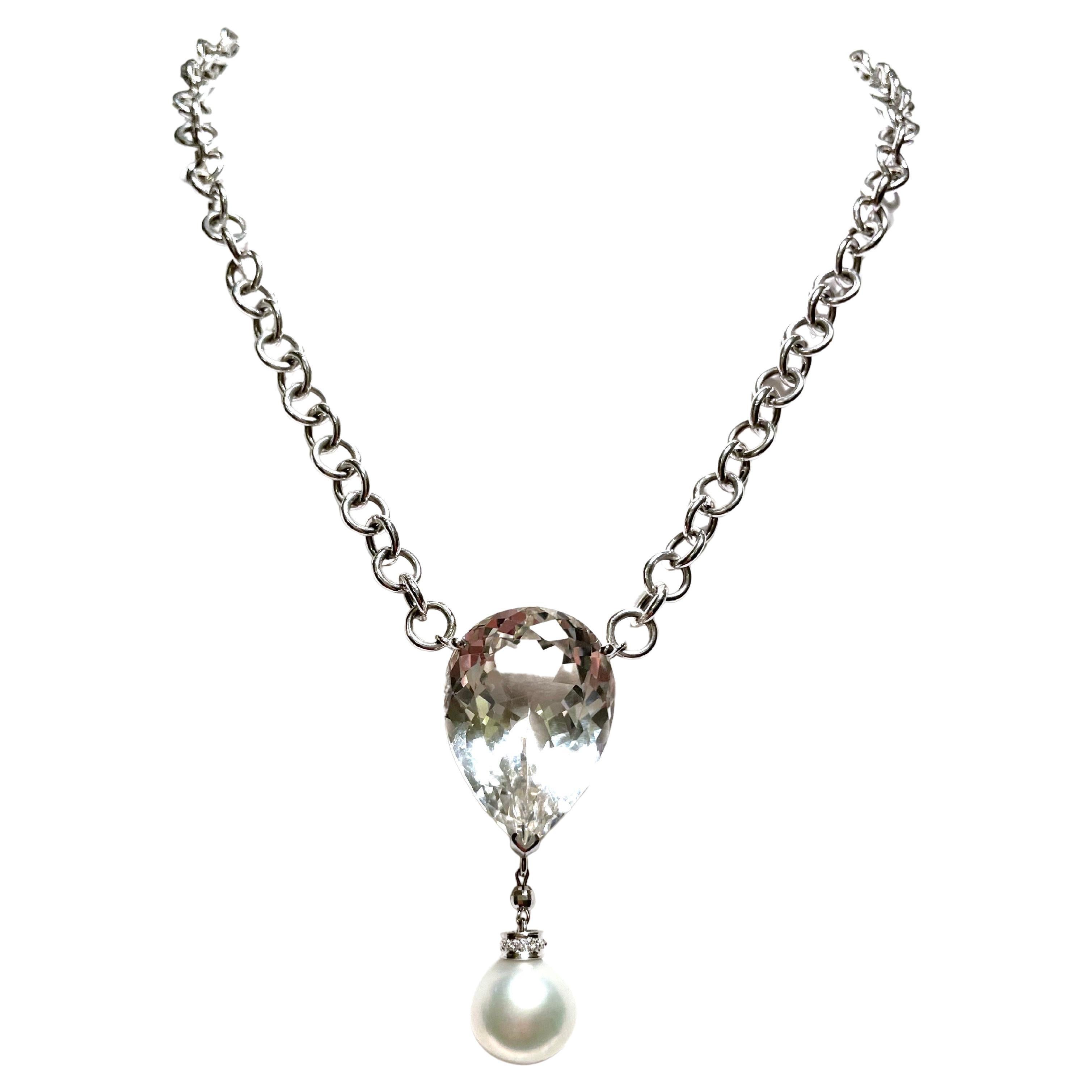 Platinum Spring Wire Necklace With Diamonds And Twin South Sea Pearl