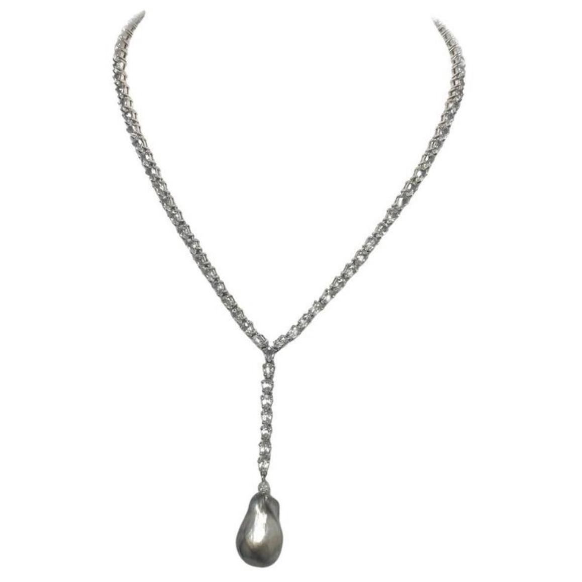White Topaz Y Necklace with Tahitian Pearl by Paradizia For Sale 4