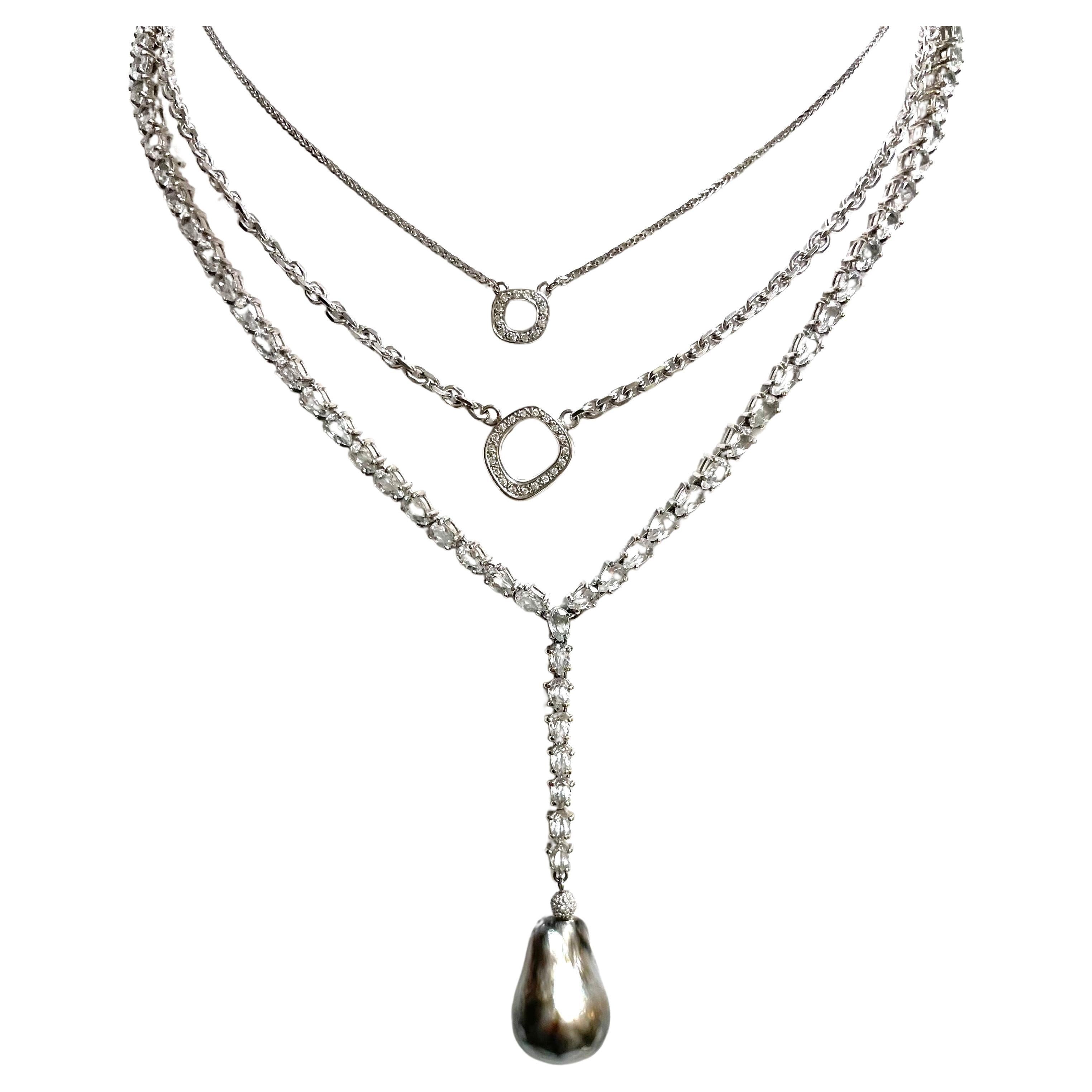 White Topaz Y Necklace with Tahitian Pearl by Paradizia For Sale 5
