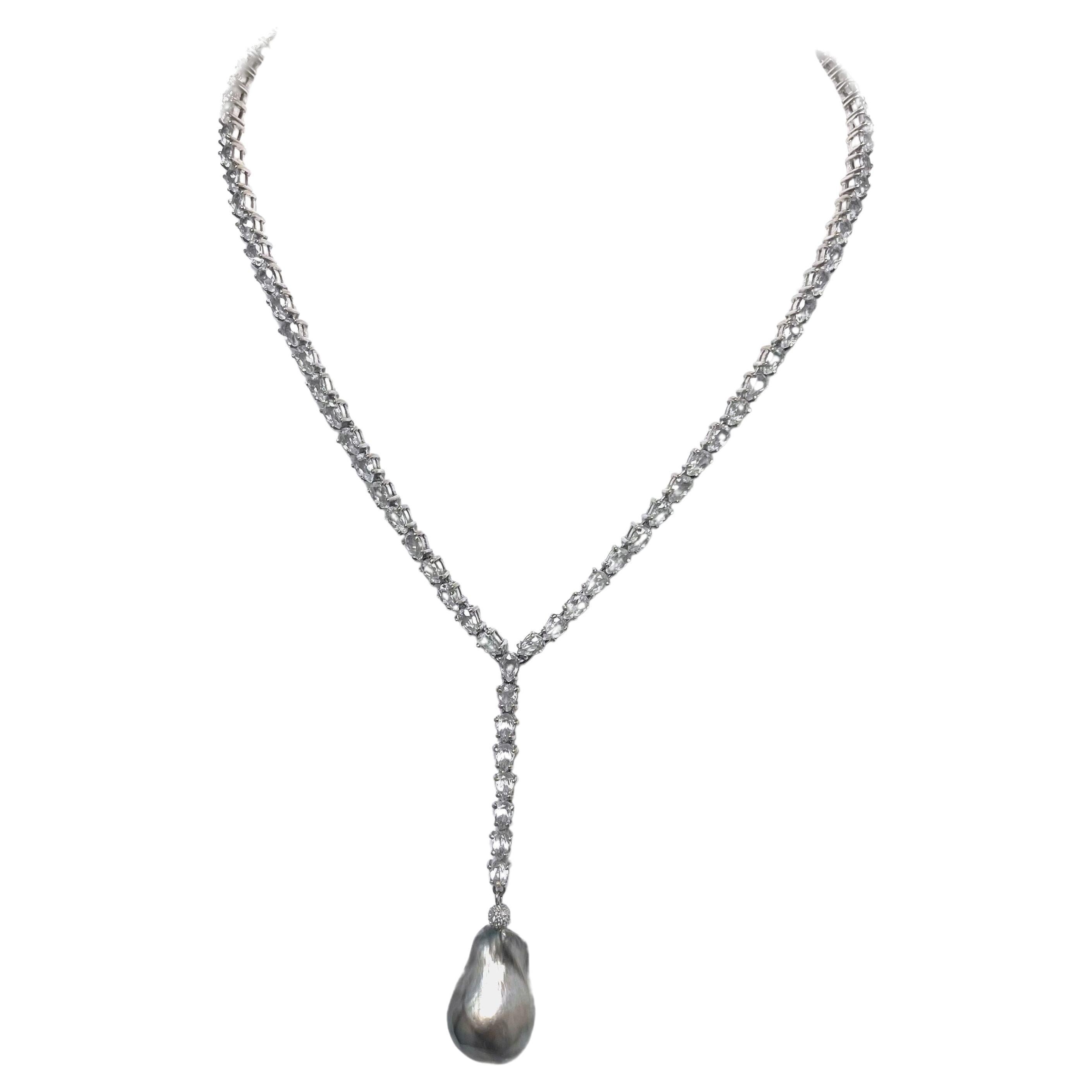 White Topaz Y Necklace with Tahitian Pearl by Paradizia In New Condition For Sale In Laguna Beach, CA