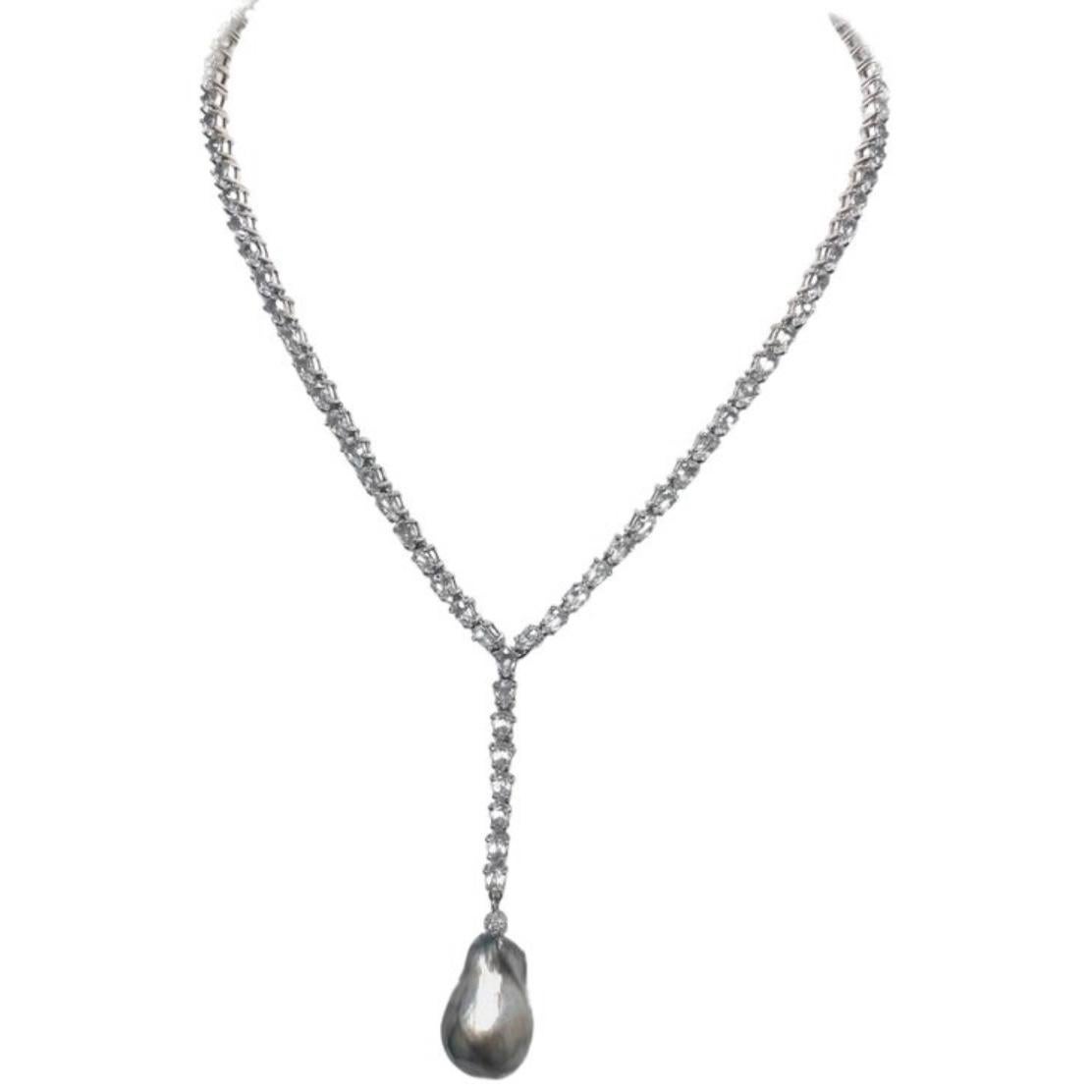 White Topaz Y Necklace with Tahitian Pearl by Paradizia For Sale 2