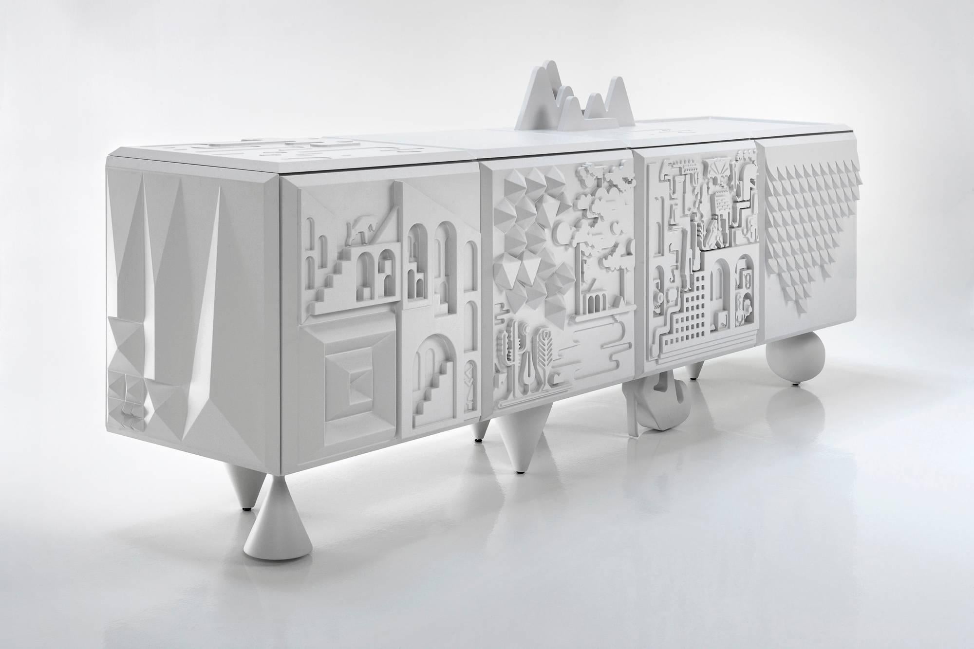 Spanish White lacquered contemporary buffet sideboard Tout Va Bien by Antonie & Manuel For Sale