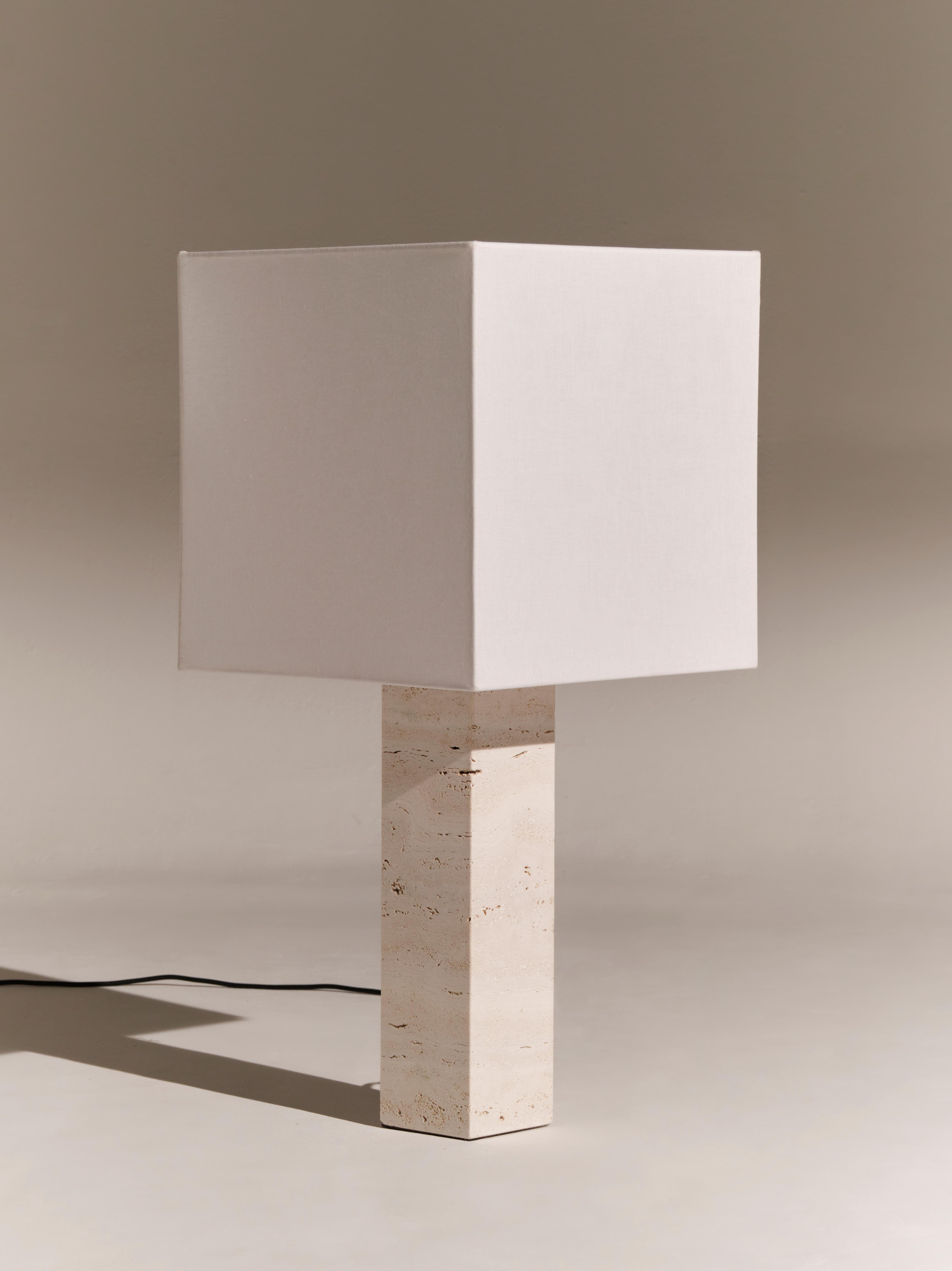 White Travertine Large Roma 1 Square Table Lamp by NASSI
Dimensions: W 40 x D 40 x H 85 cm. 
Materials: Fine cotton lining, pure linen fabric in white. 
Base: White Travertine, nickel plated brass. 
Weight: 17 kg

Also available in 4 colors (white,