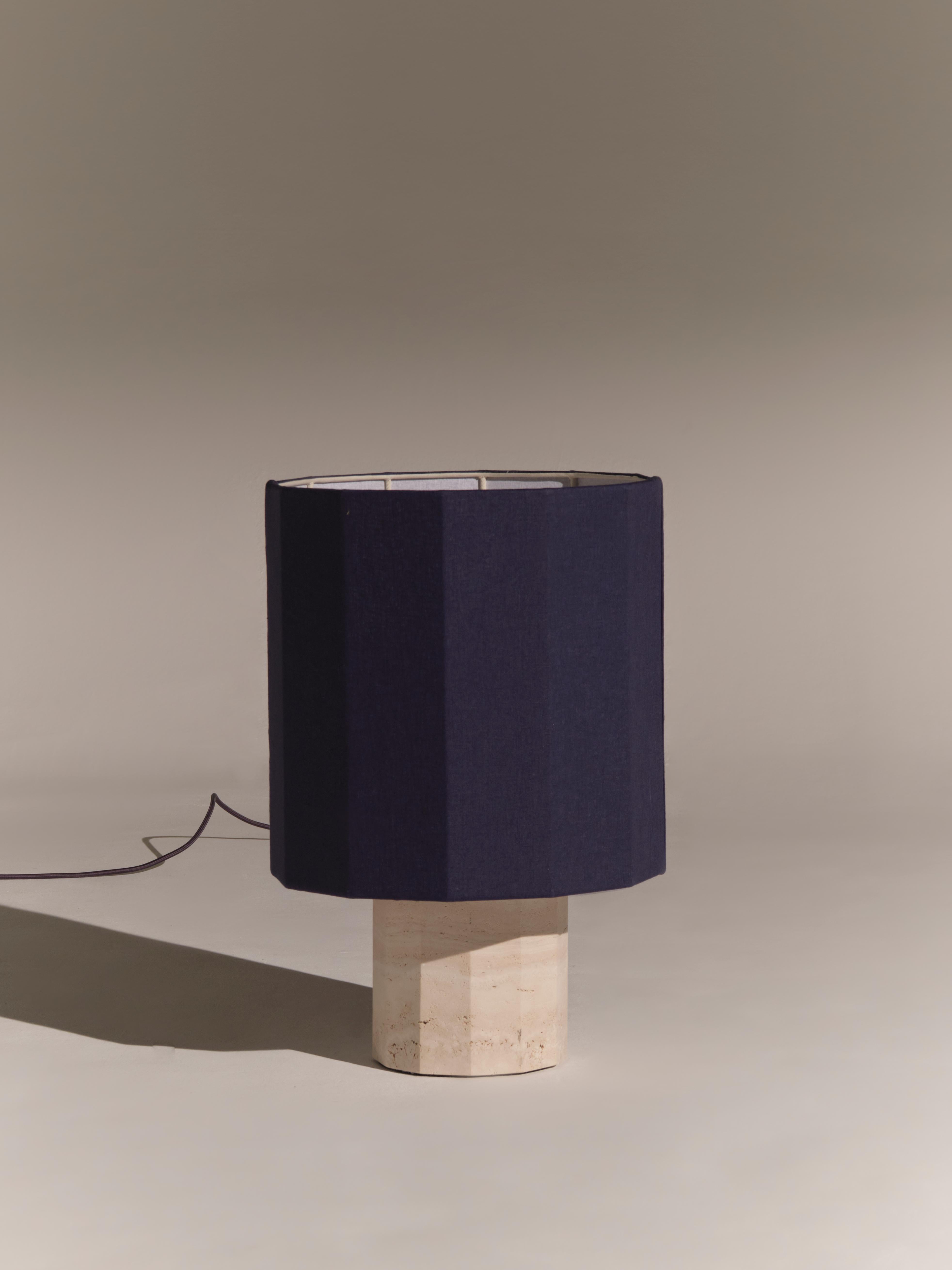White Travertine Medium Roma II Dodecagon Table Lamp by NASSI
Dimensions: W 35 x D 35 x H 52 cm. 
Materials: Fine cotton lining, pure linen fabric in Blue. 
Base: White Travertine, nickel plated brass. 
Weight: 11 kg

Also available in 4 colors