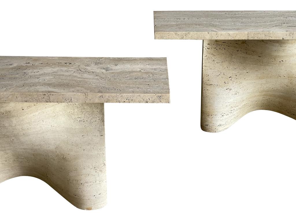 Late 20th Century White Travertine Pair Sculptural Form Consoles, Spain, 1970s For Sale