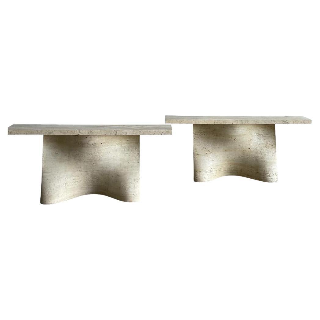White Travertine Pair Sculptural Form Consoles, Spain, 1970s For Sale