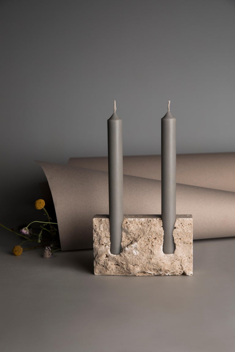 Organic Modern White Travertine Sculpted Candleholder by Sanna Völker