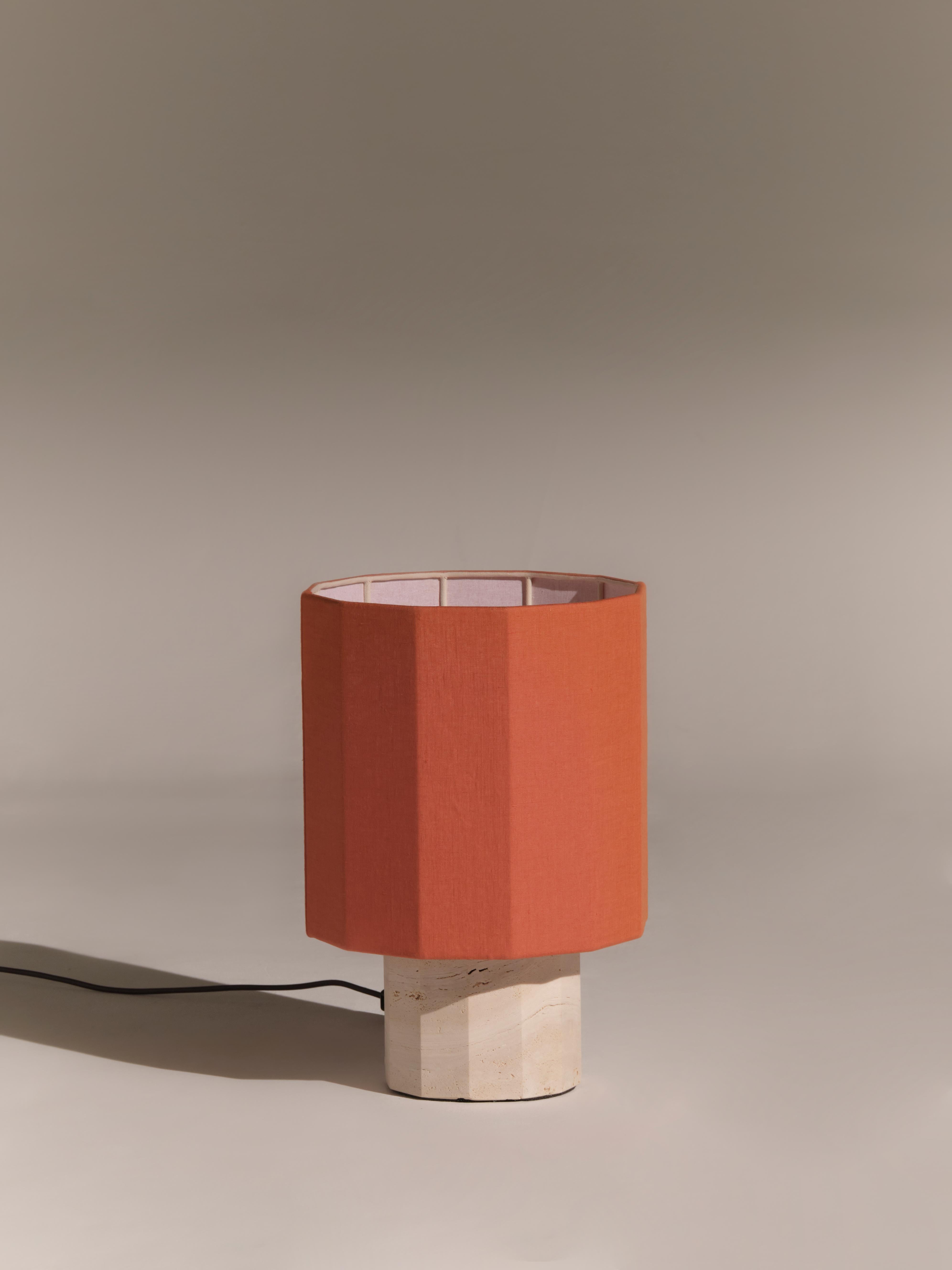 White Travertine Small Roma II Dodecagon Table Lamp by NASSI
Dimensions: W 30 x D 30 x H 44 cm. 
Materials: Fine cotton lining, pure linen fabric in red. 
Base: White Travertine, nickel plated brass. 
Weight: 9 kg

Also available in 4 colors (white,