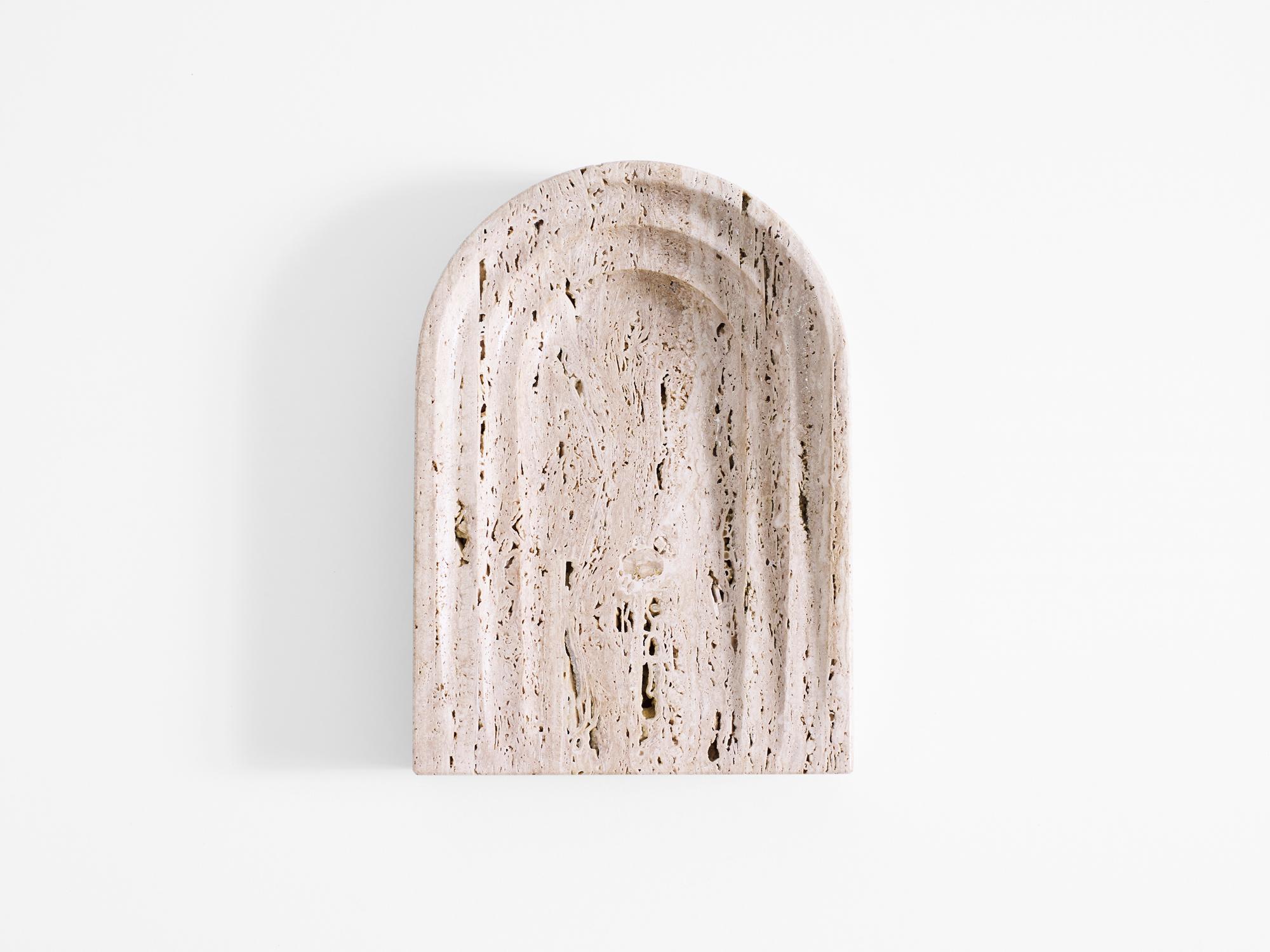 This Sculptural item is handmade in Sydney Australia.

Thoronet dish, shares its' name and arched lines with the Abby in the south of France. 

Each piece is manufactured in natural stone, meaning variations of the pattern in the stone will