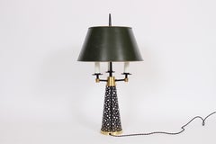 Tony Paul Style Pierced Black Cone, Brass & White Triple Candlestick Table Lamp