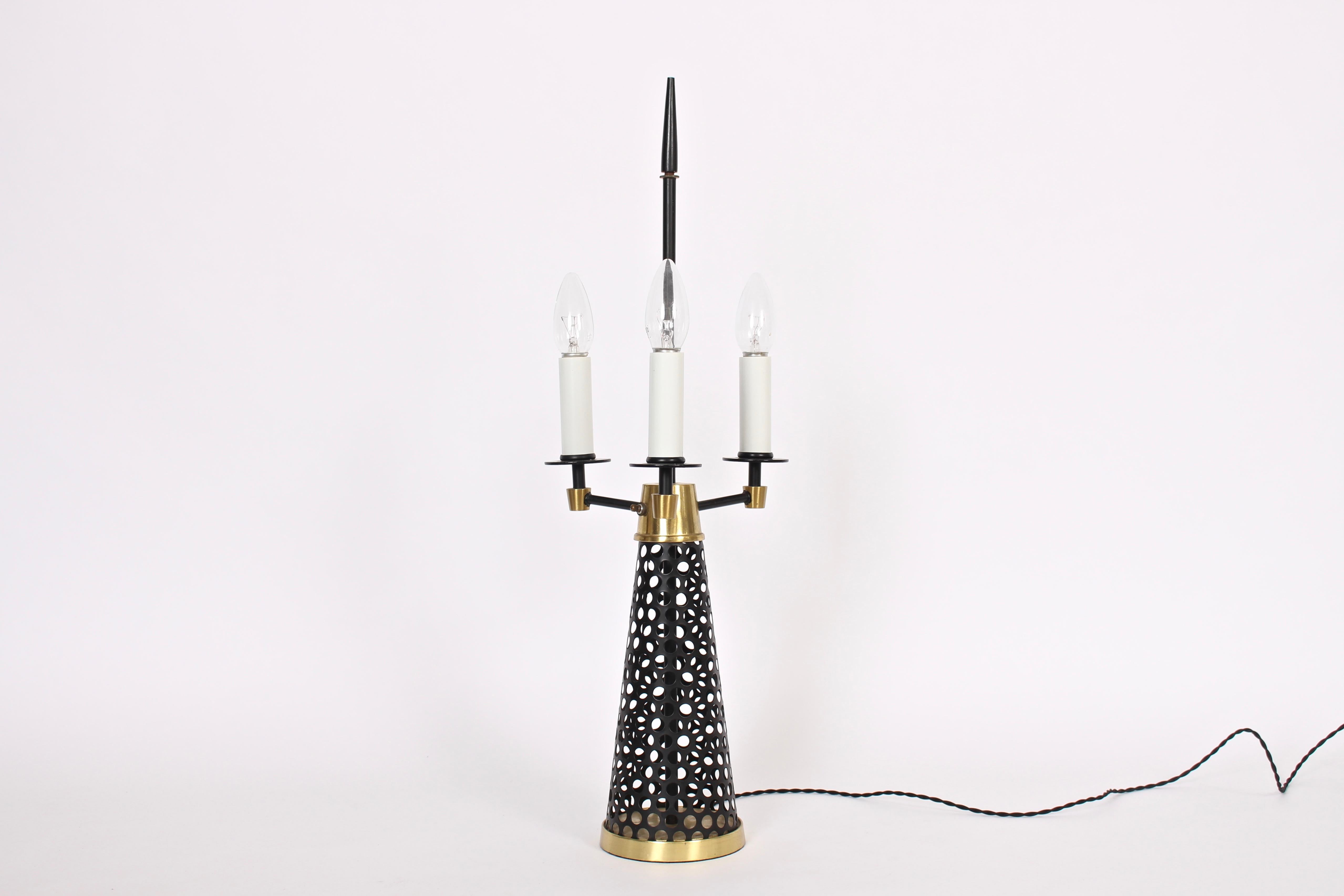 Mid-Century Modern Tony Paul Style Pierced Black Cone, Brass & White Triple Candlestick Table Lamp For Sale