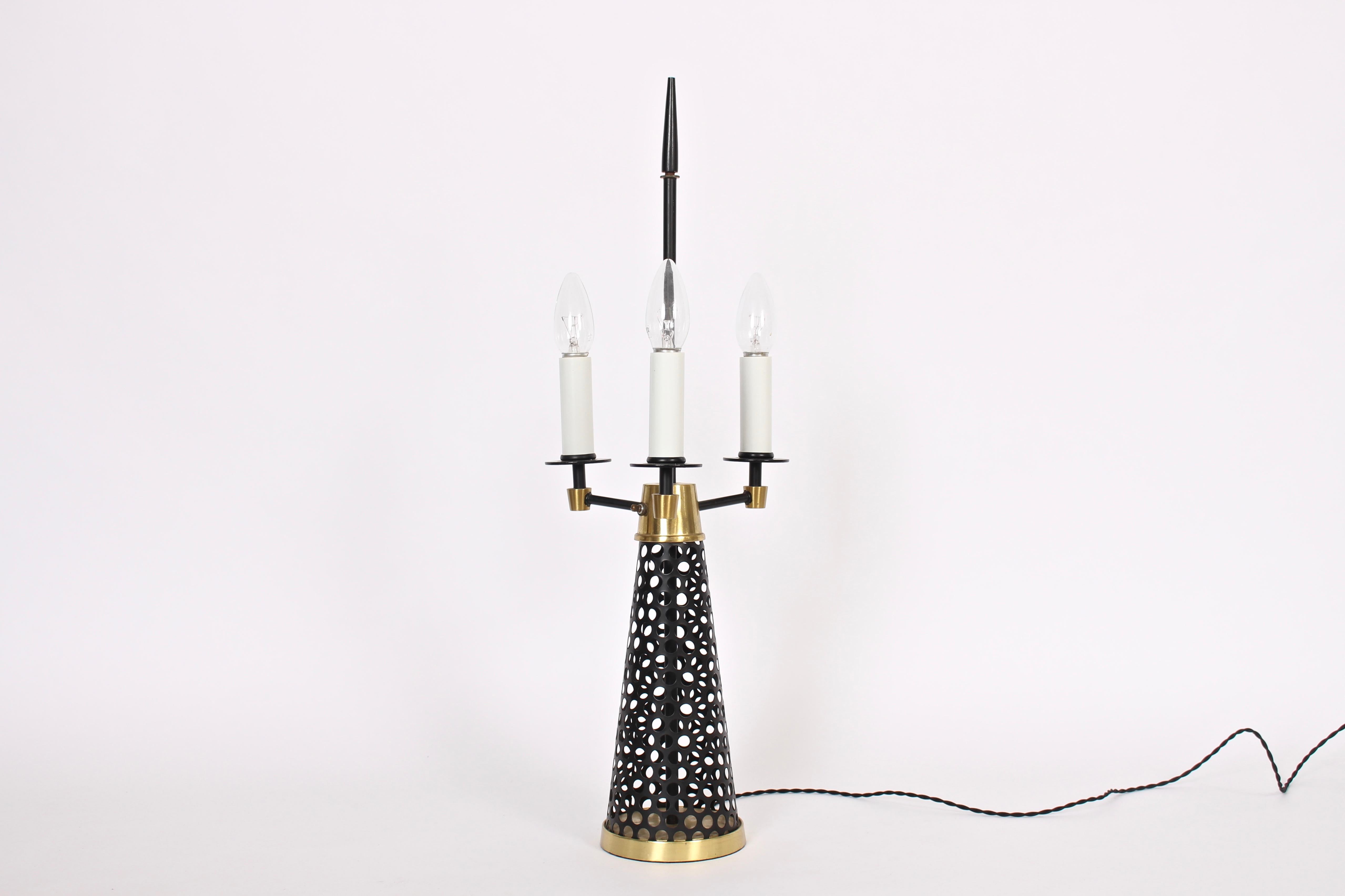 Mid-Century Modern Tony Paul Style Pierced Black Cone, Brass Triple White Candlestick Table Lamp For Sale