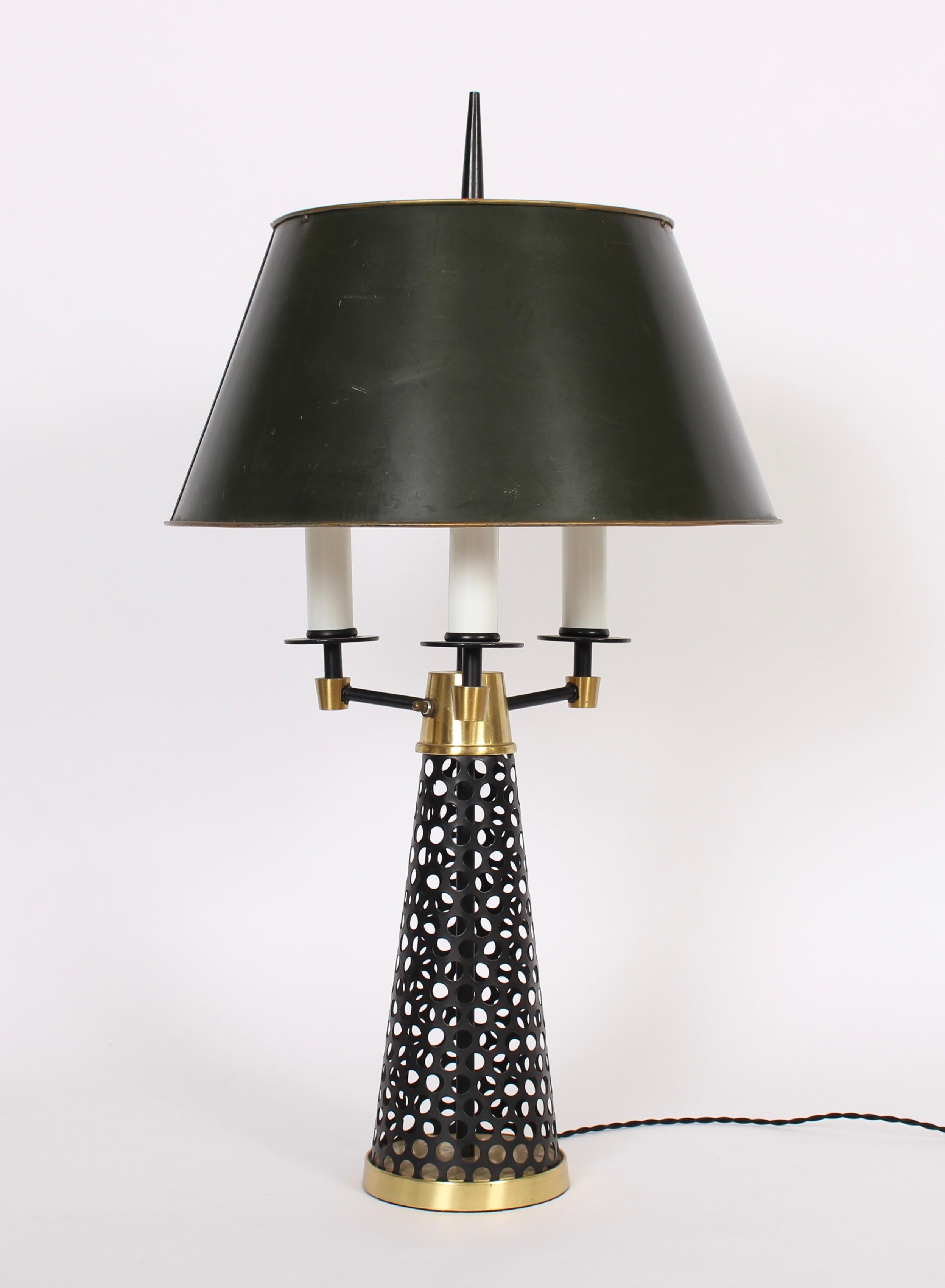 American Tony Paul Style Pierced Black Cone, Brass & White Triple Candlestick Table Lamp For Sale