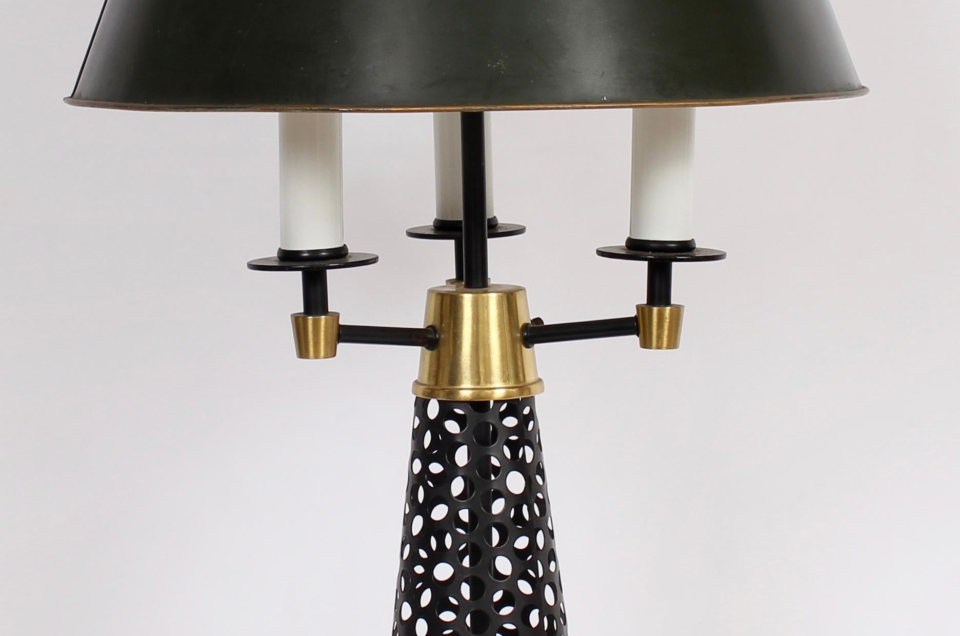 Enameled Tony Paul Style Pierced Black Cone, Brass & White Triple Candlestick Table Lamp For Sale