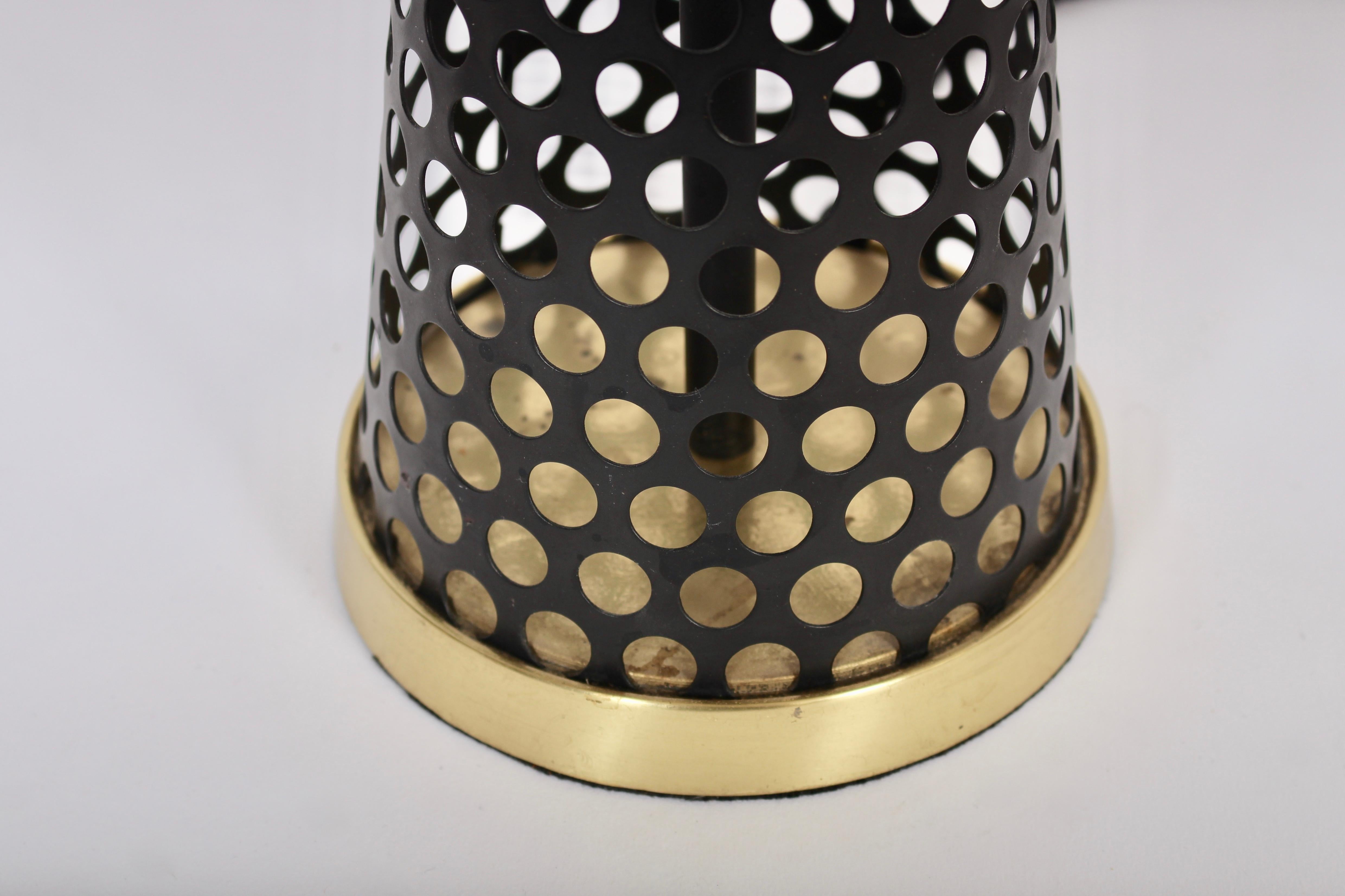 Tony Paul Style Pierced Black Cone, Brass & White Triple Candlestick Table Lamp For Sale 3