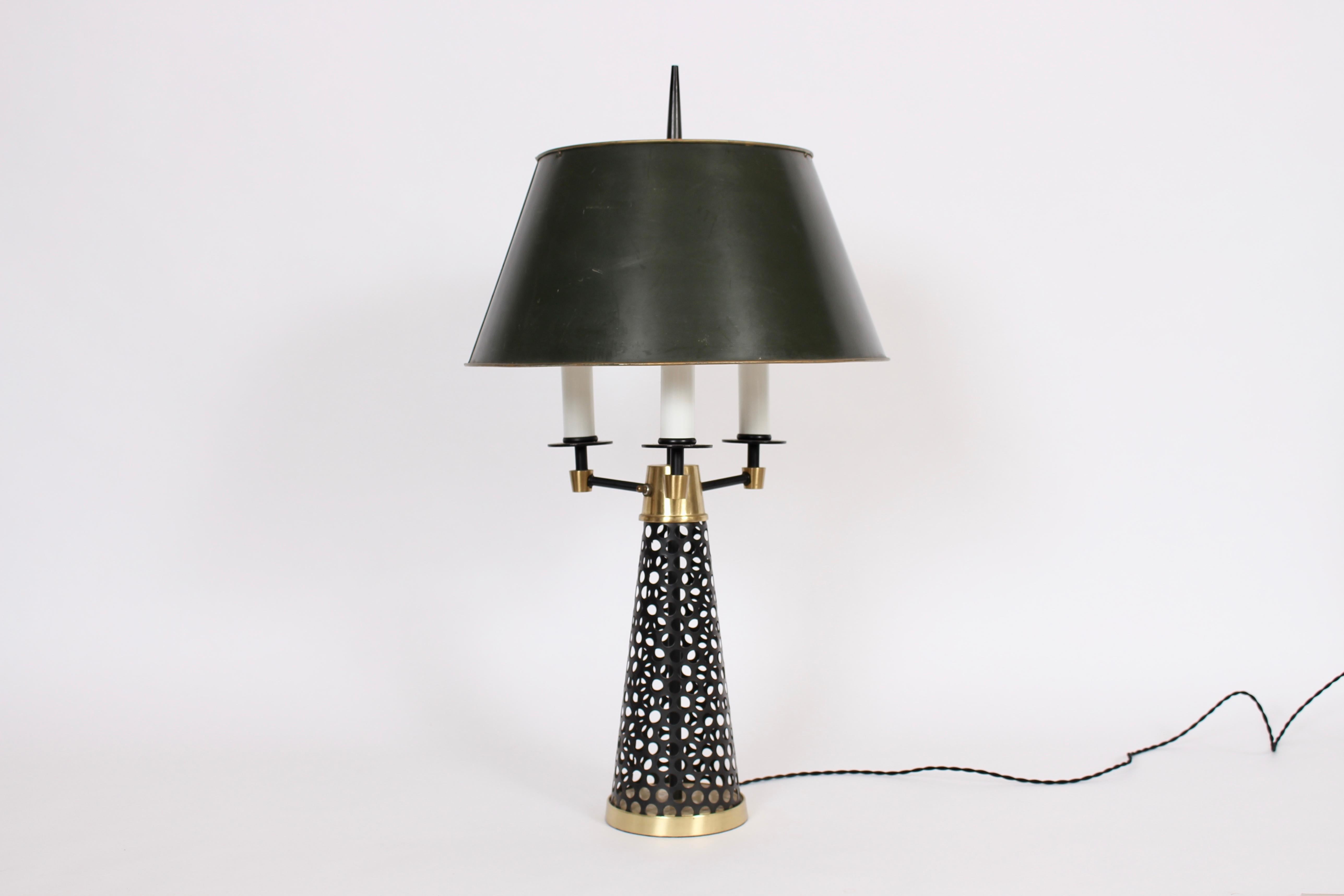 Tony Paul Style Pierced Black Cone, Brass & White Triple Candlestick Table Lamp For Sale 4