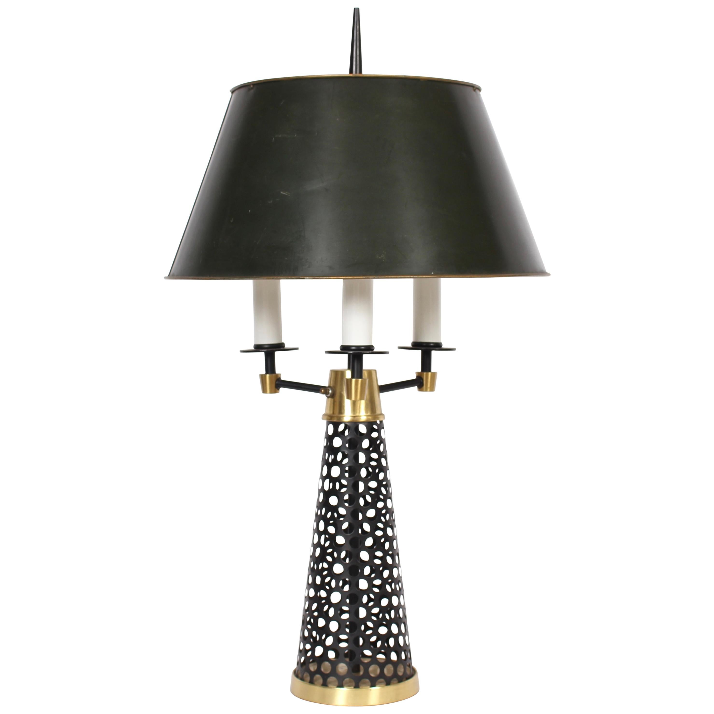 Tony Paul Style Pierced Black Cone, Brass & White Triple Candlestick Table Lamp For Sale