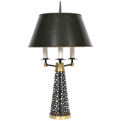 Retro Tony Paul Style Pierced Black Cone, Brass & White Triple Candlestick Table Lamp