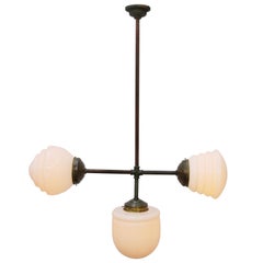 White Triple Opaline Glass Vintage European Brass Top Pendant Light