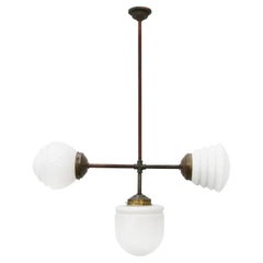 White Triple Opaline Glass Vintage European Brass Top Pendant Light