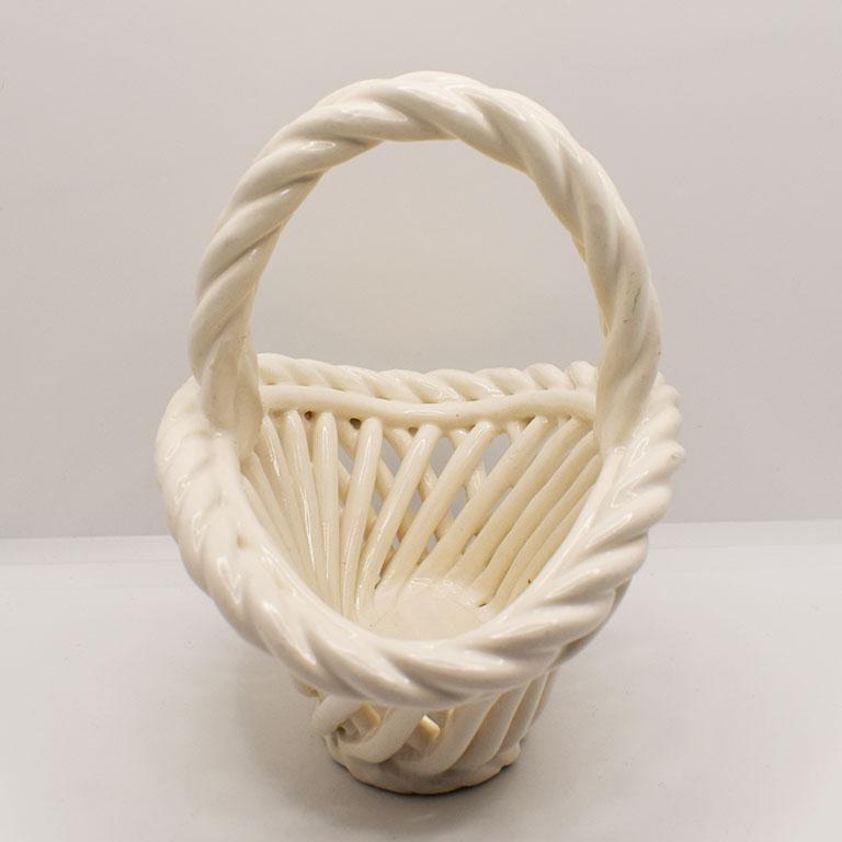 Bohemian White Trompe L'Oeil Ceramic Italian Basket For Sale