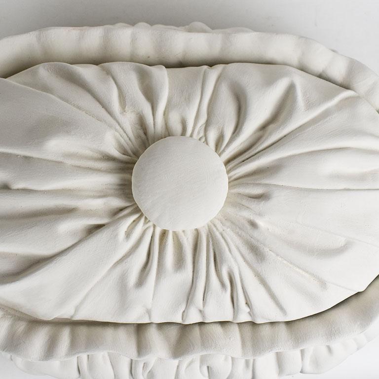 American Classical White Trompe L’Oeil Faux Fabric Unglazed Ceramic Plaster Dish or Taureen w/ Lid
