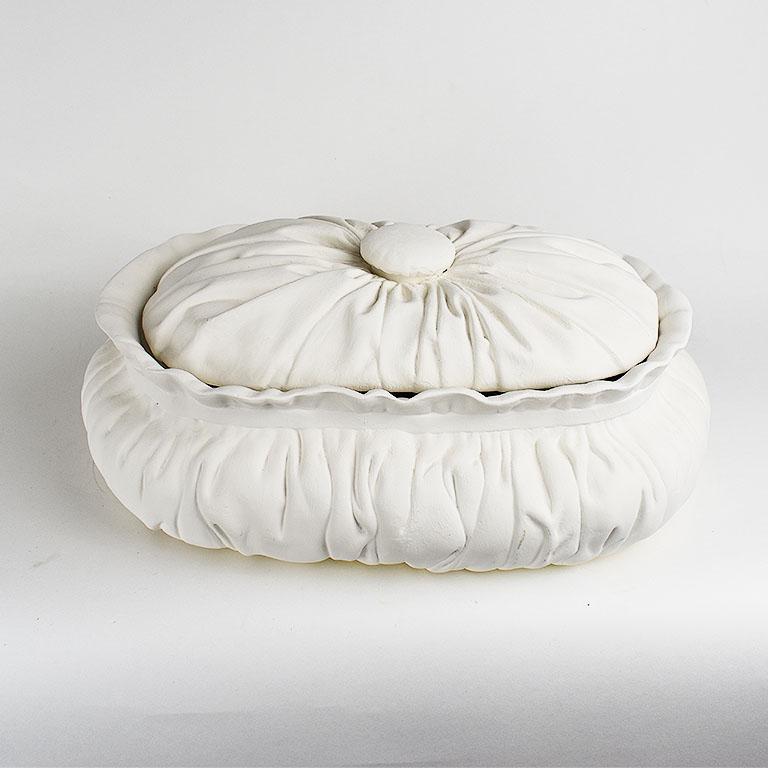 White Trompe L’Oeil Faux Fabric Unglazed Ceramic Plaster Dish or Taureen w/ Lid In Good Condition In Oklahoma City, OK