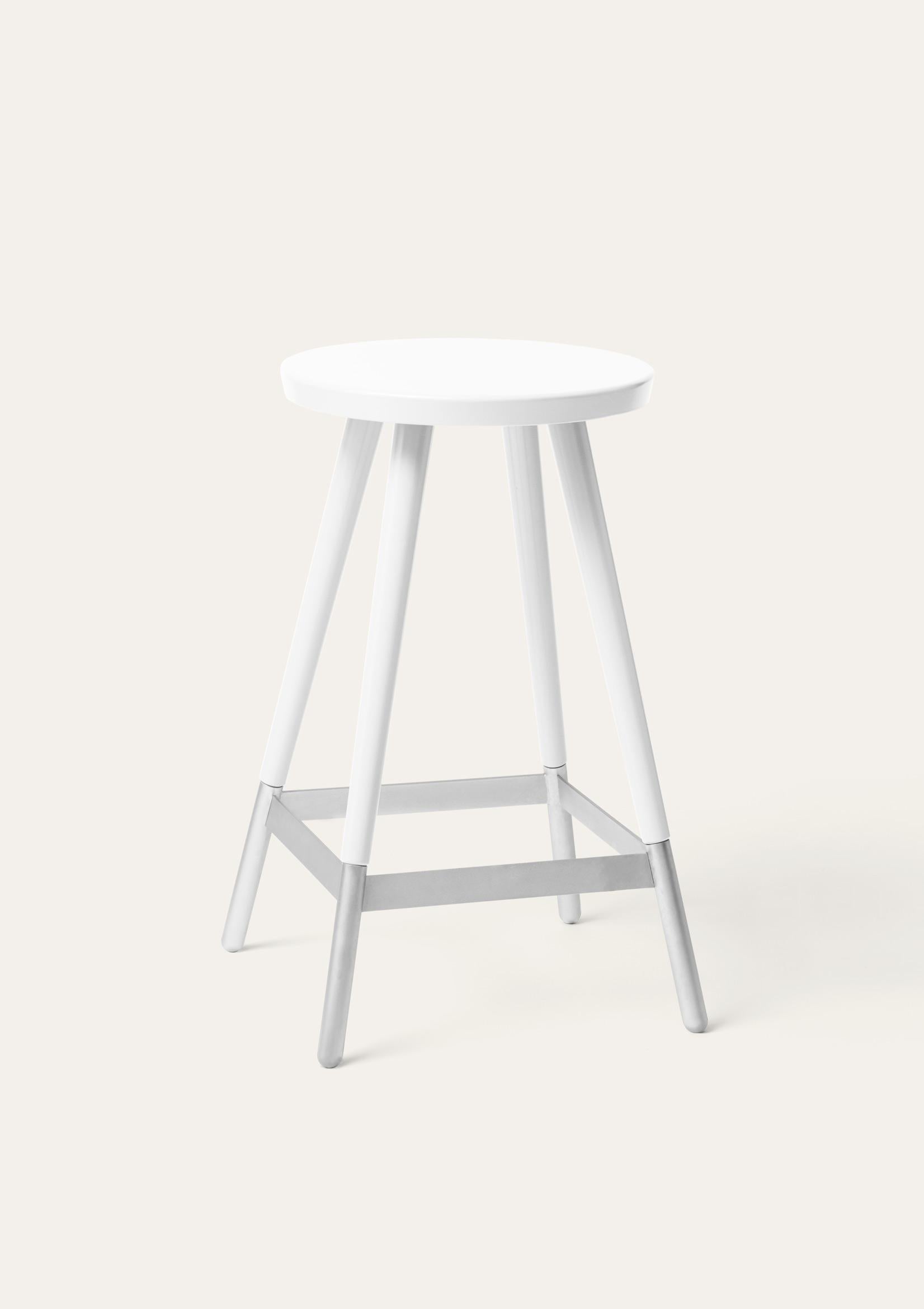 White Tupp stool by Storängen Design
Dimensions: D 41 x W 41 x H 65 cm
Materials: birch wood, nickel plated steel.
Also available in other colors and with backrest.

Give the bar some character! Tupp is avaliable in two heights, both with and