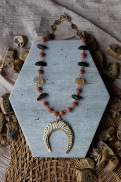 White Turquoise, Red Coral Golden Quartz Long Beaded Crescent Moon Necklace